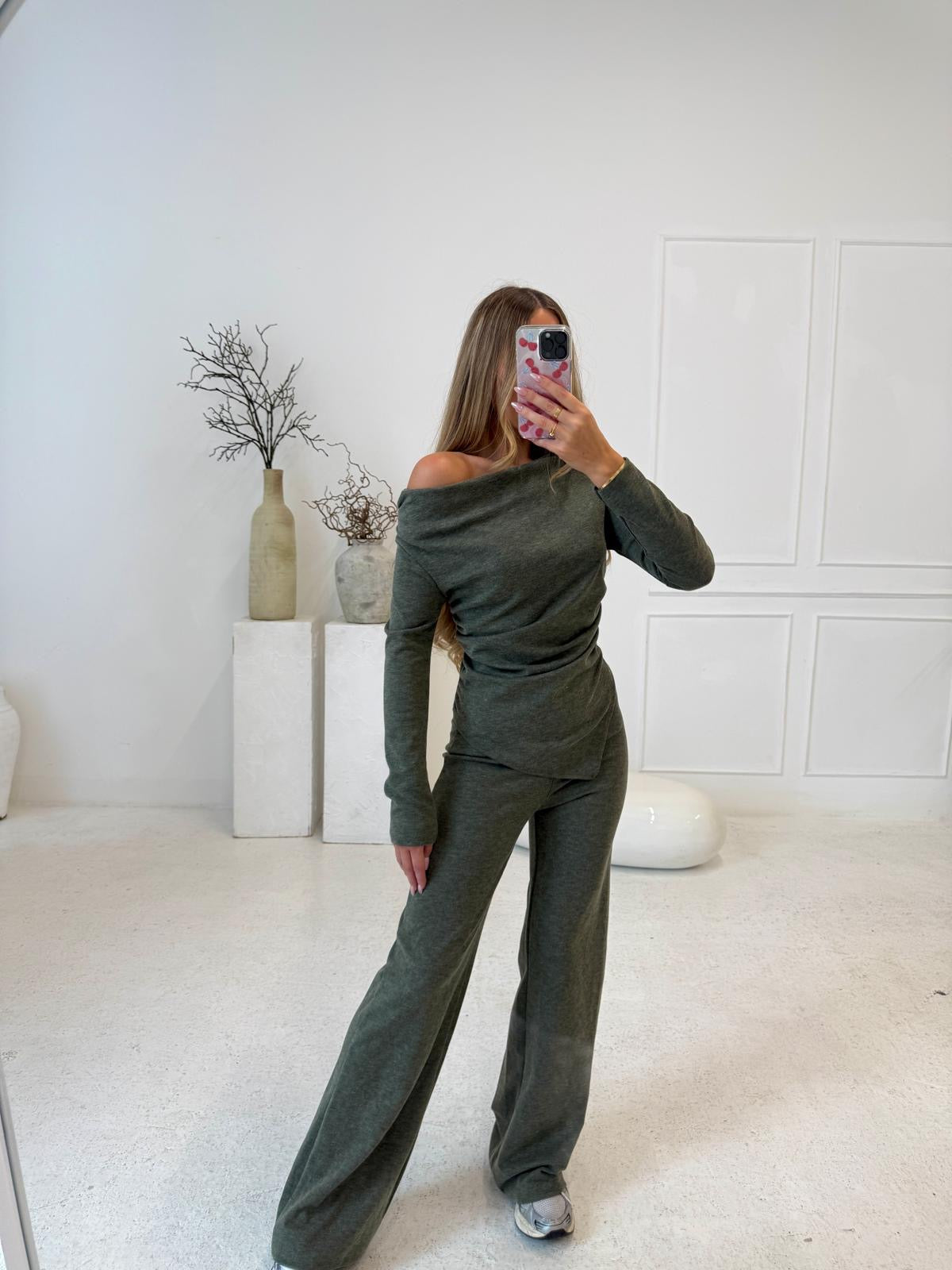 Knit asymmetric lounge set - khaki