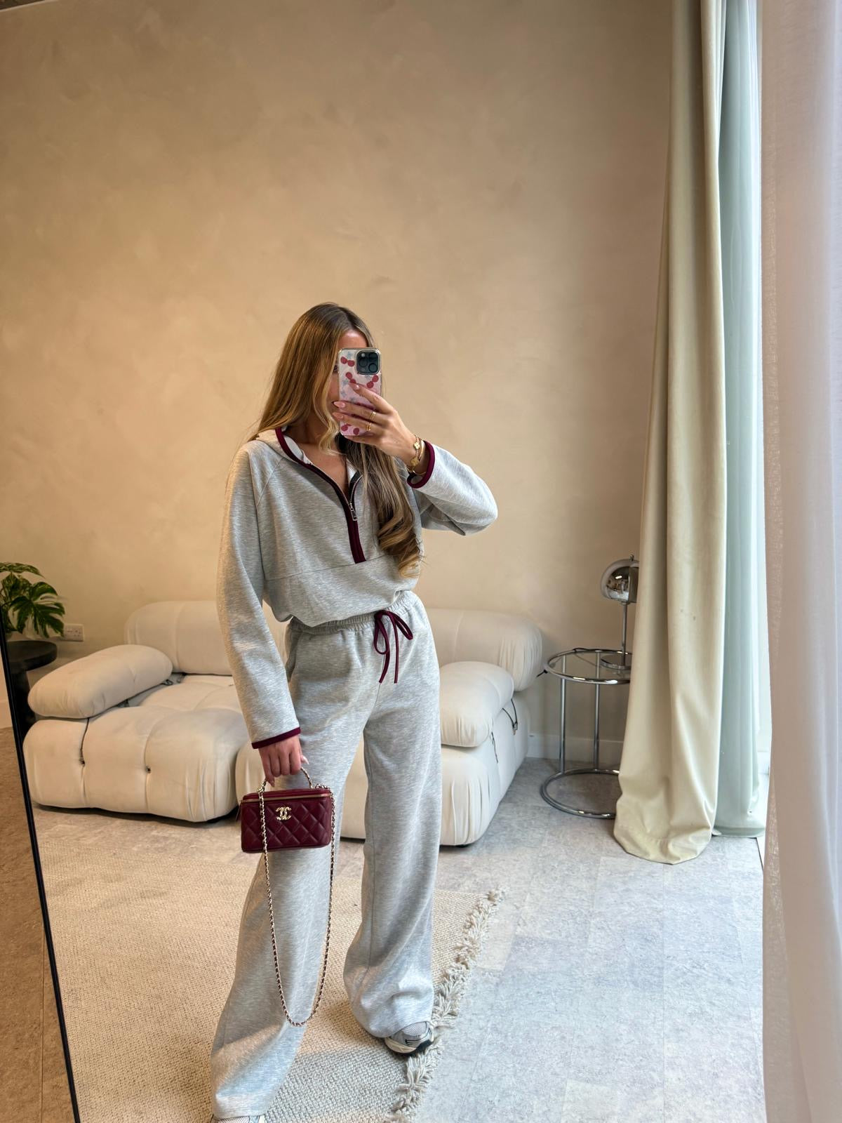 Half zip contrast tracksuit - grey & Burgundy