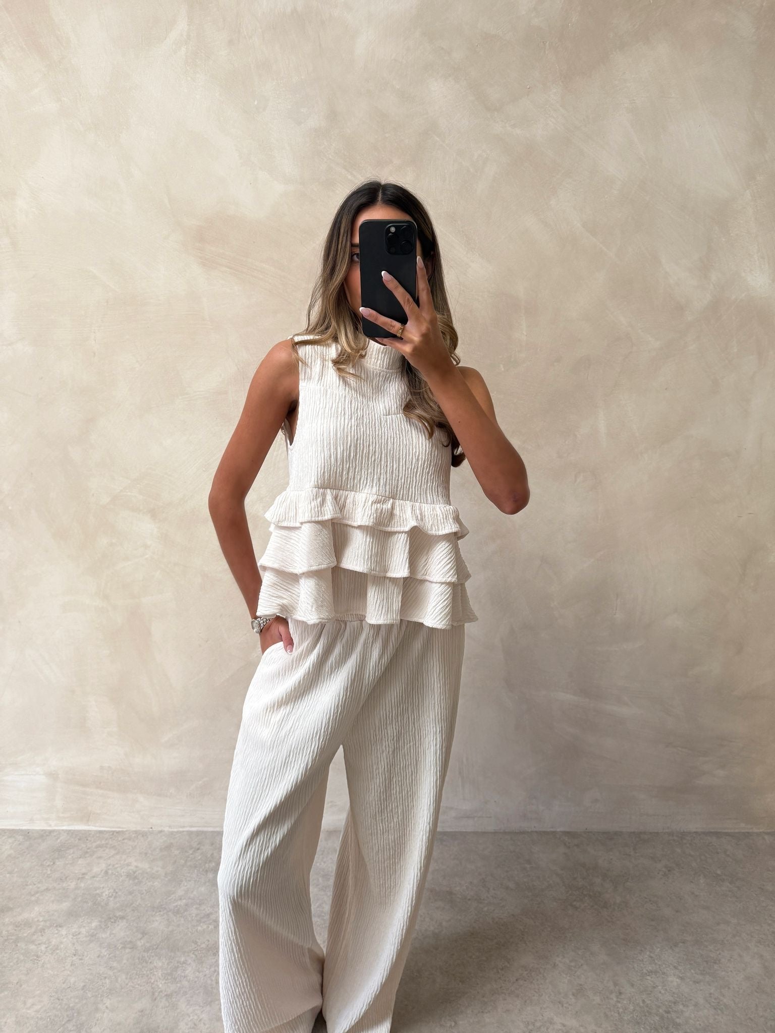 Frill Top trouser set - cream