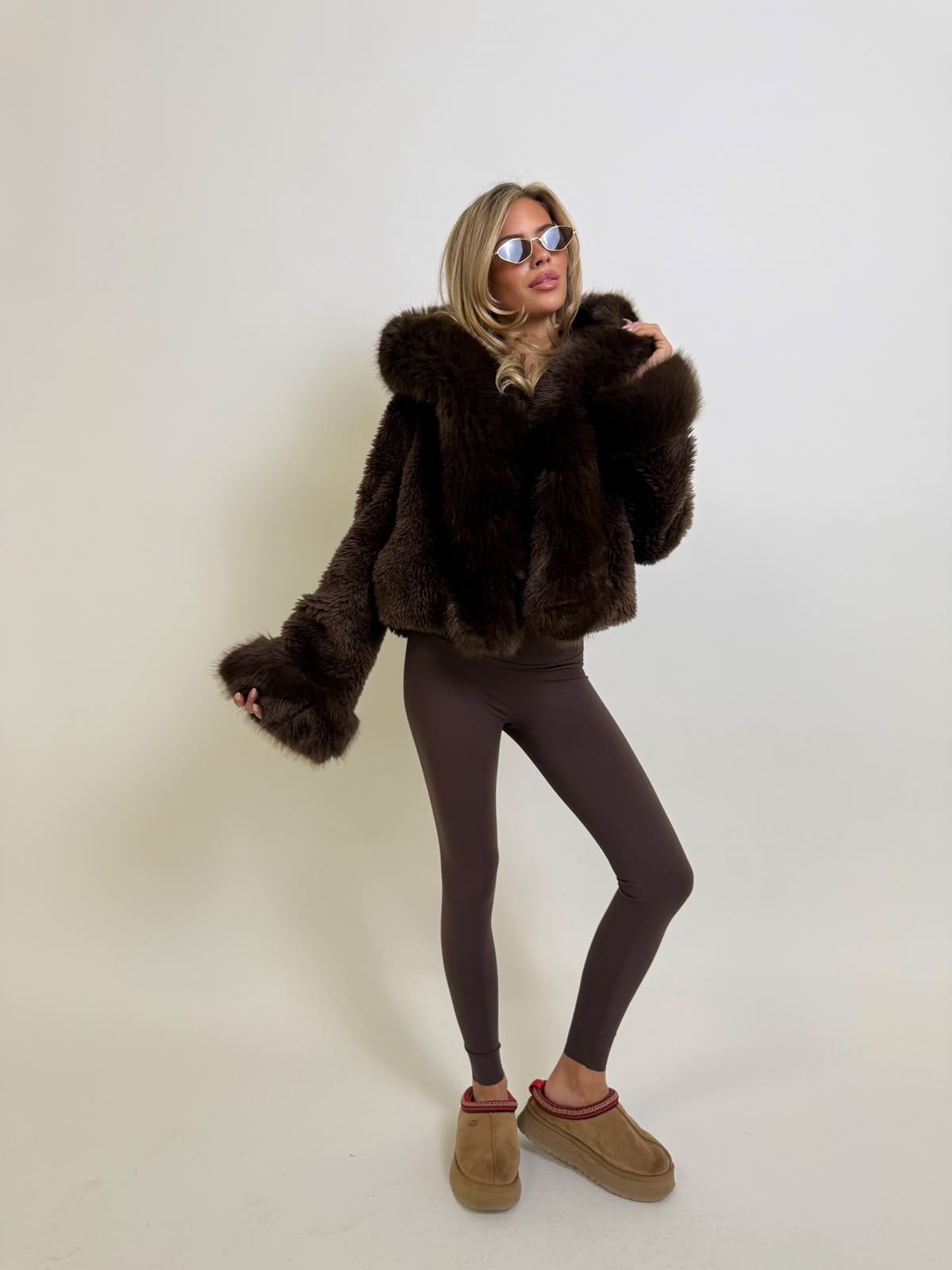 Faux Fur Coat With Hood - brown