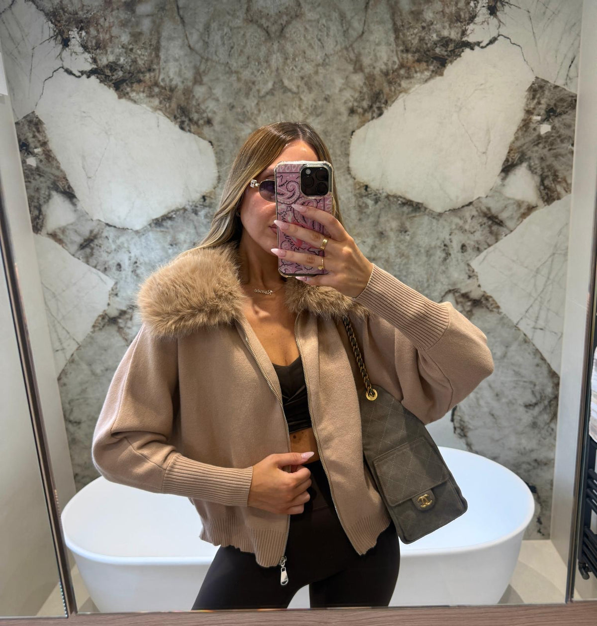 Collar fur cardigan - beige