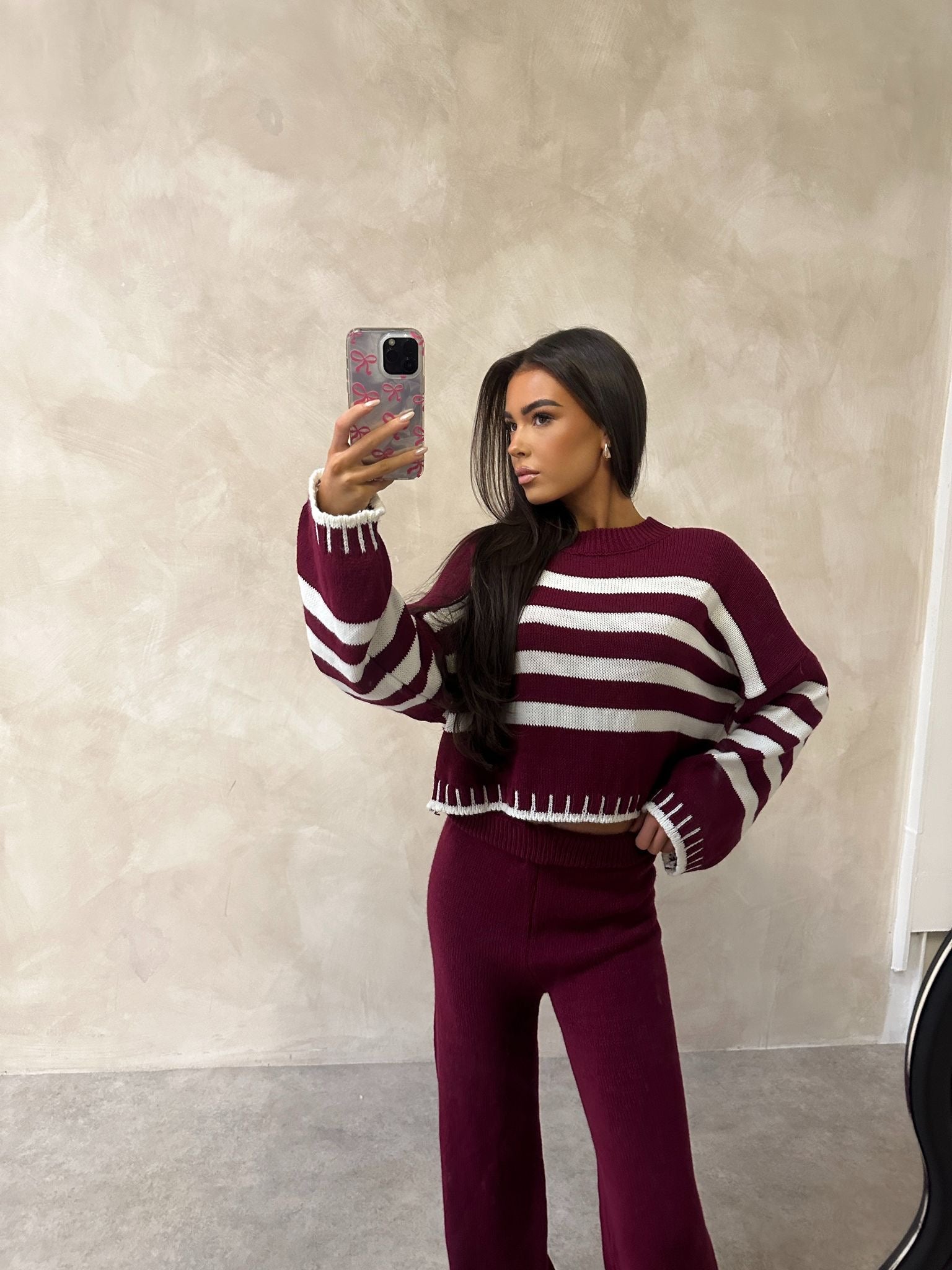 Knit stripe crop lounge set - burgundy