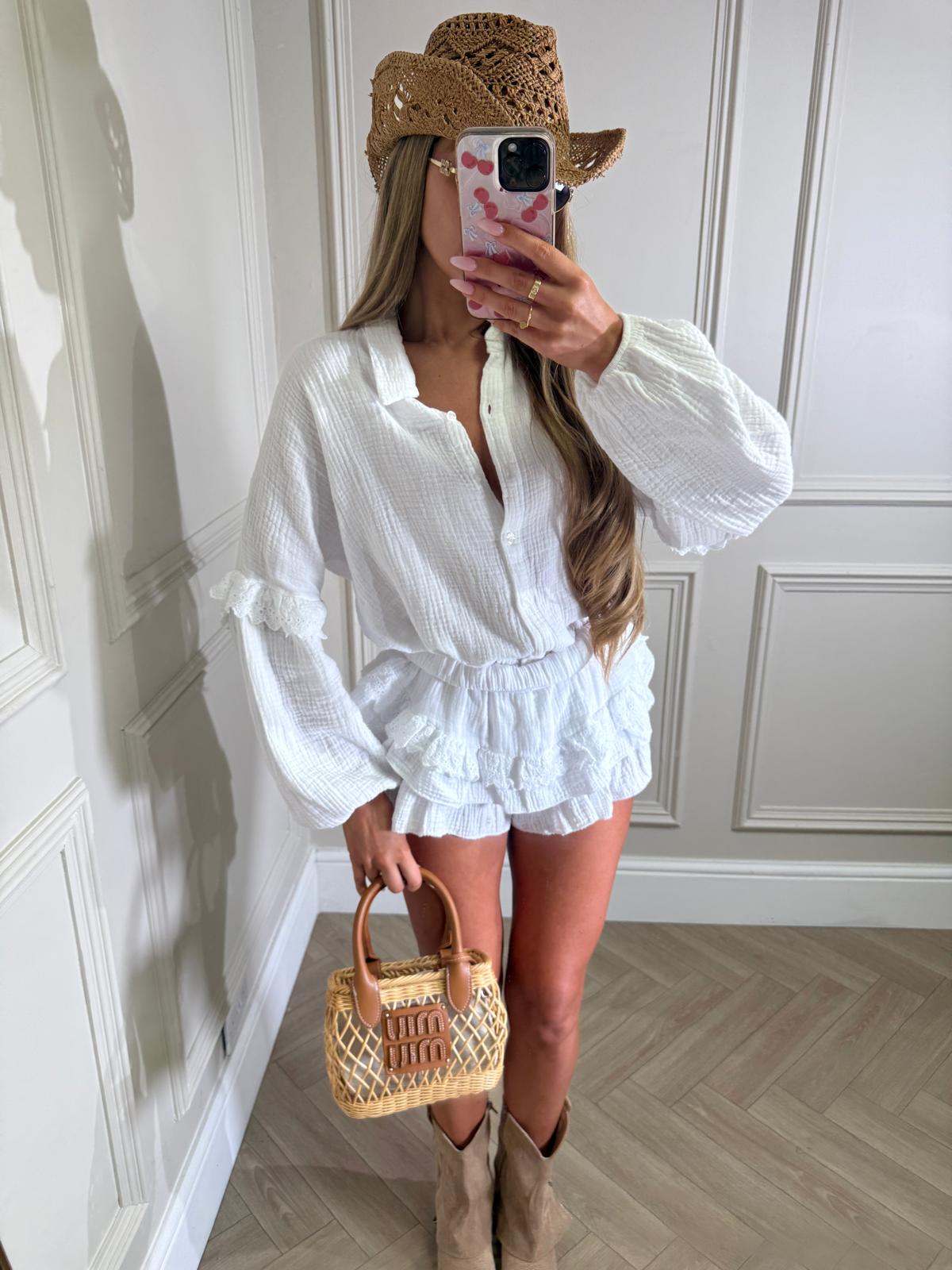 Grandad collar cheesecloth co-ord - white