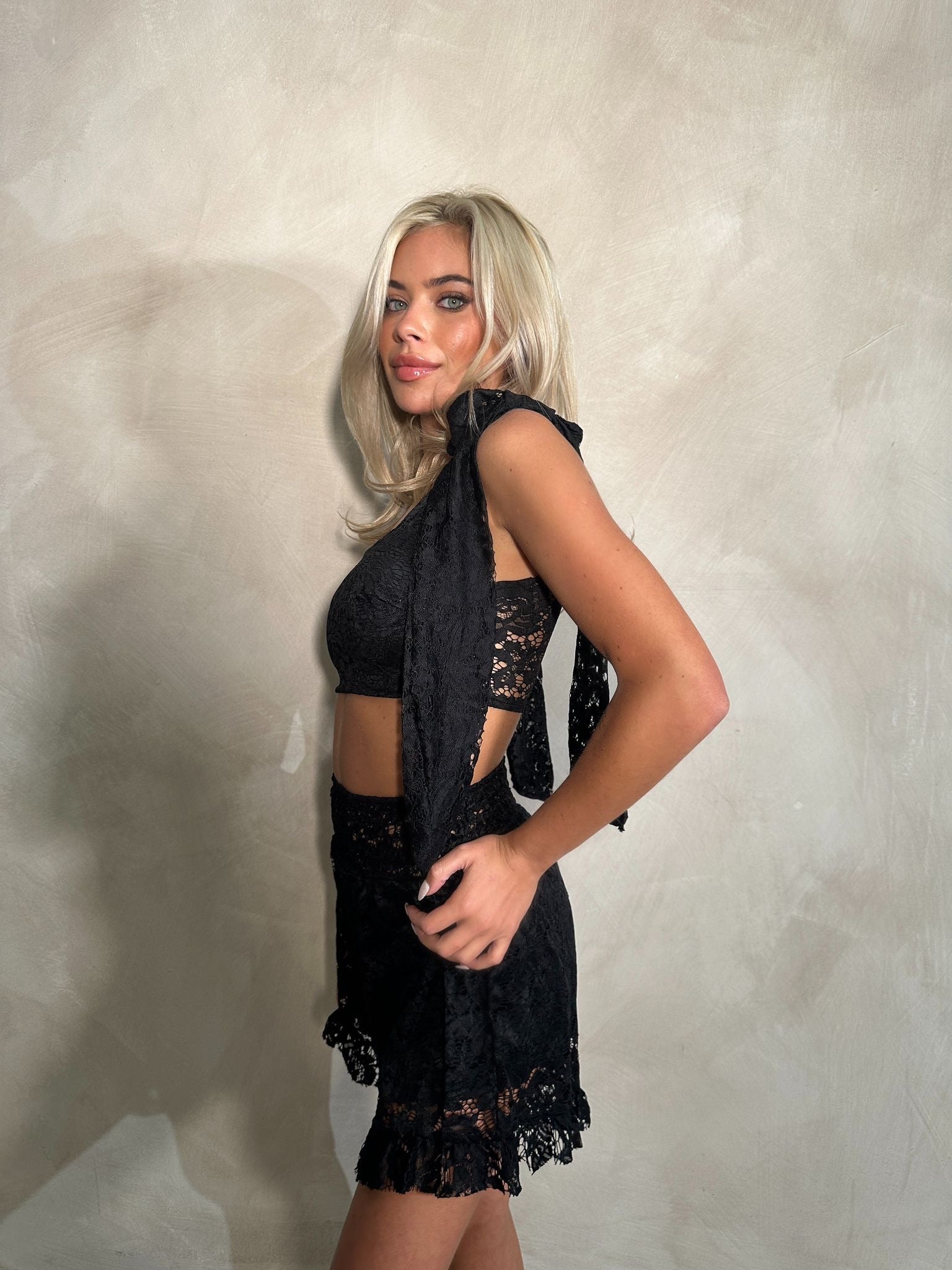 Lace Tie Short Set - black