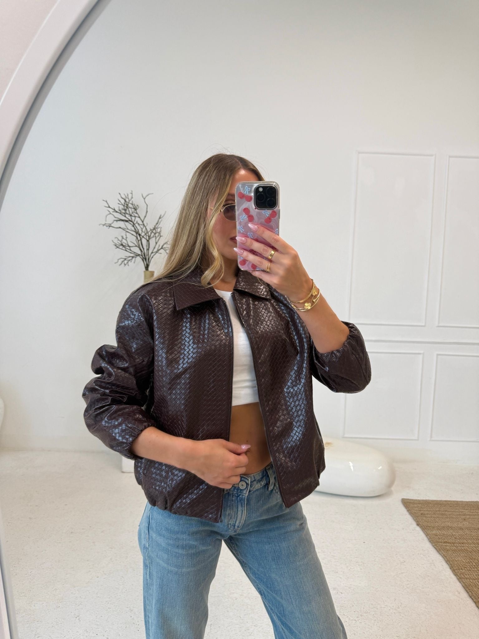 Faux leather texture collar jacket