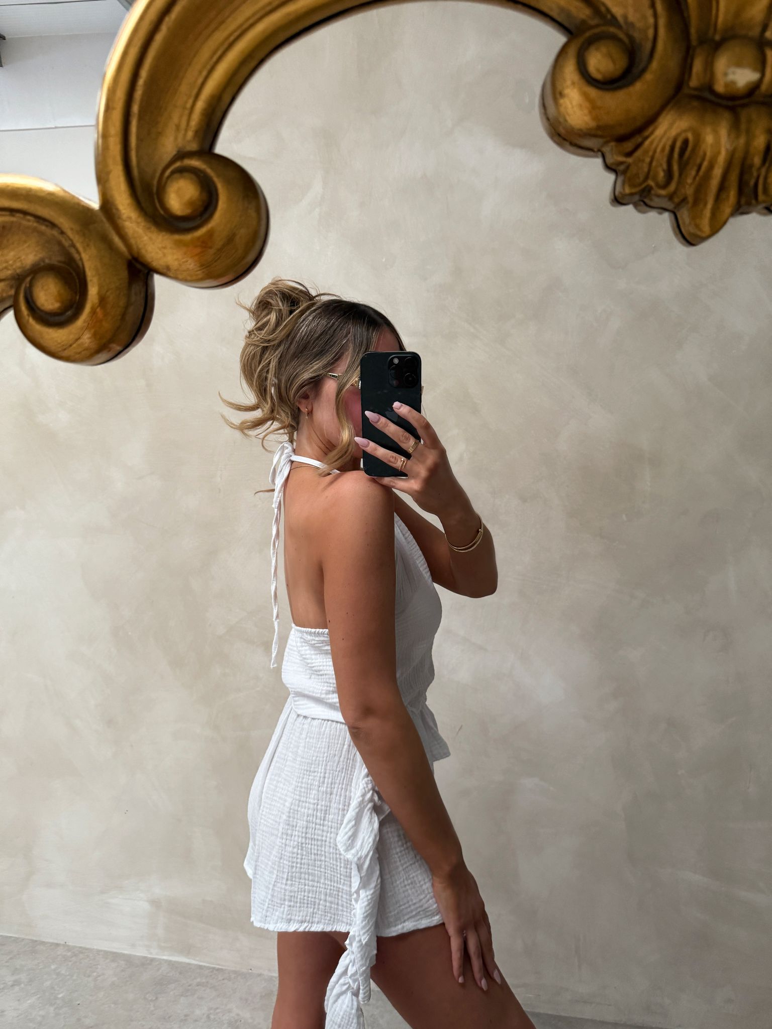 Cheesecloth halterneck ruffle set - white
