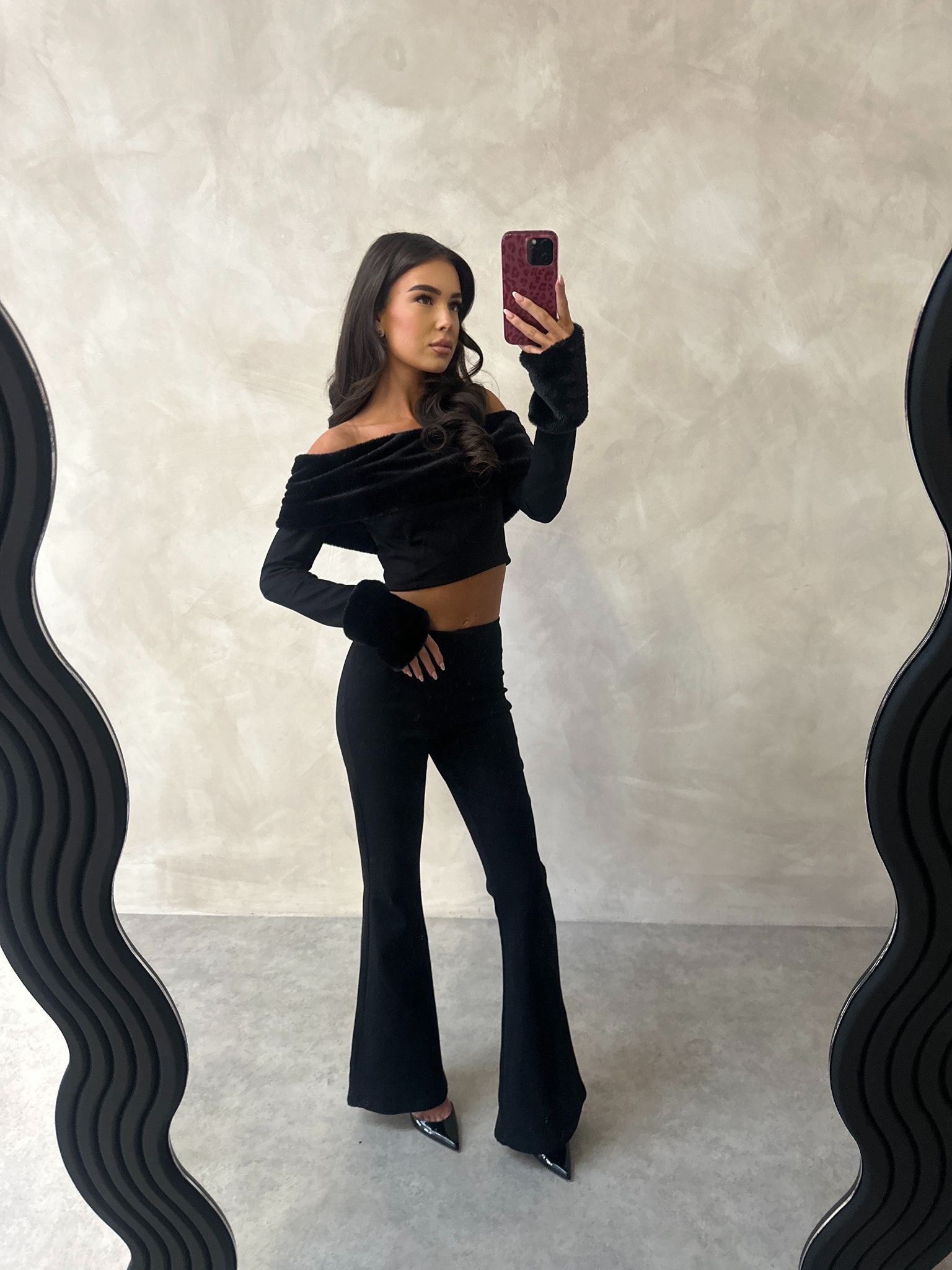 Fur off shoulder co-ord - black