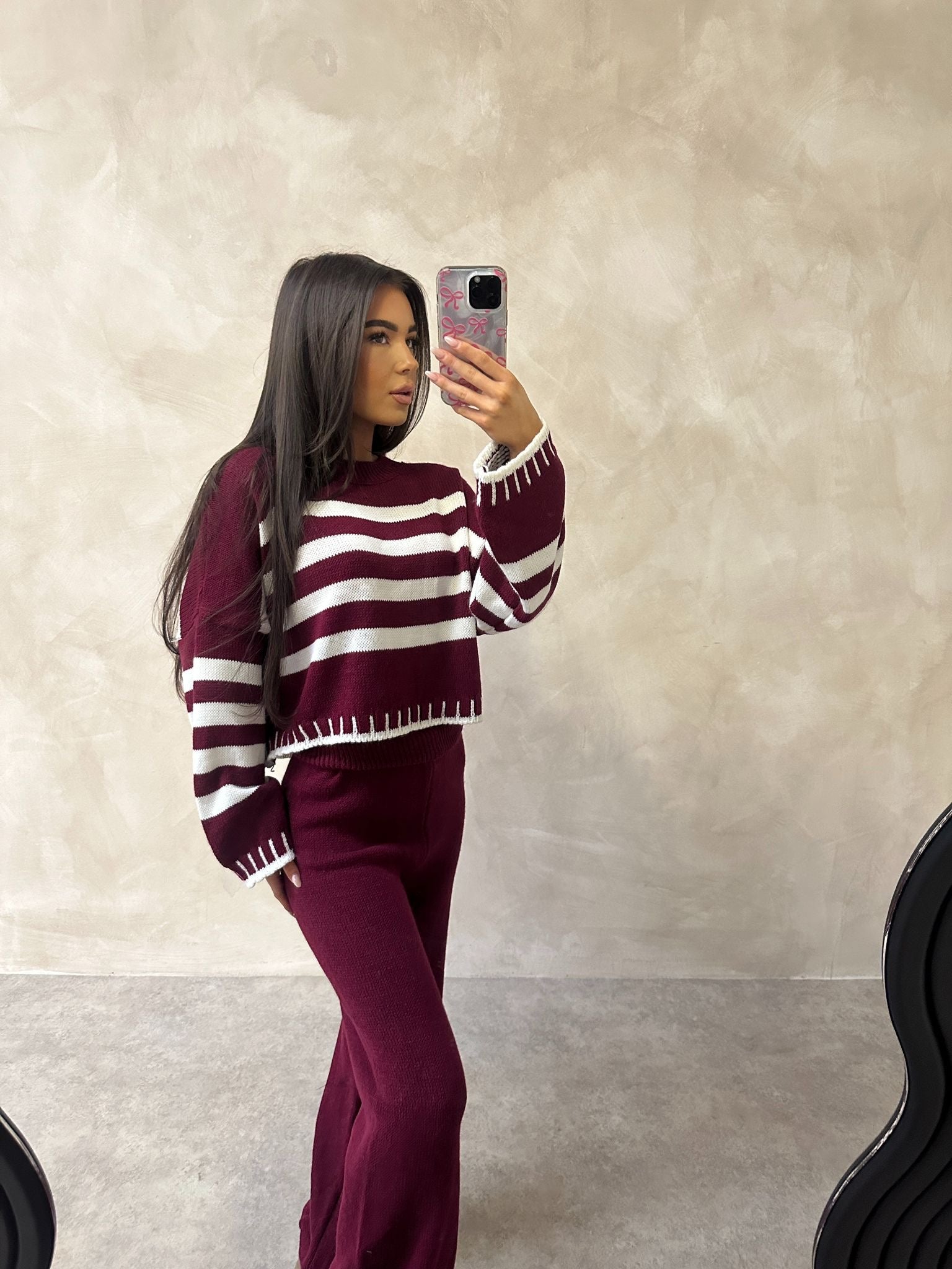 Knit stripe crop lounge set - burgundy