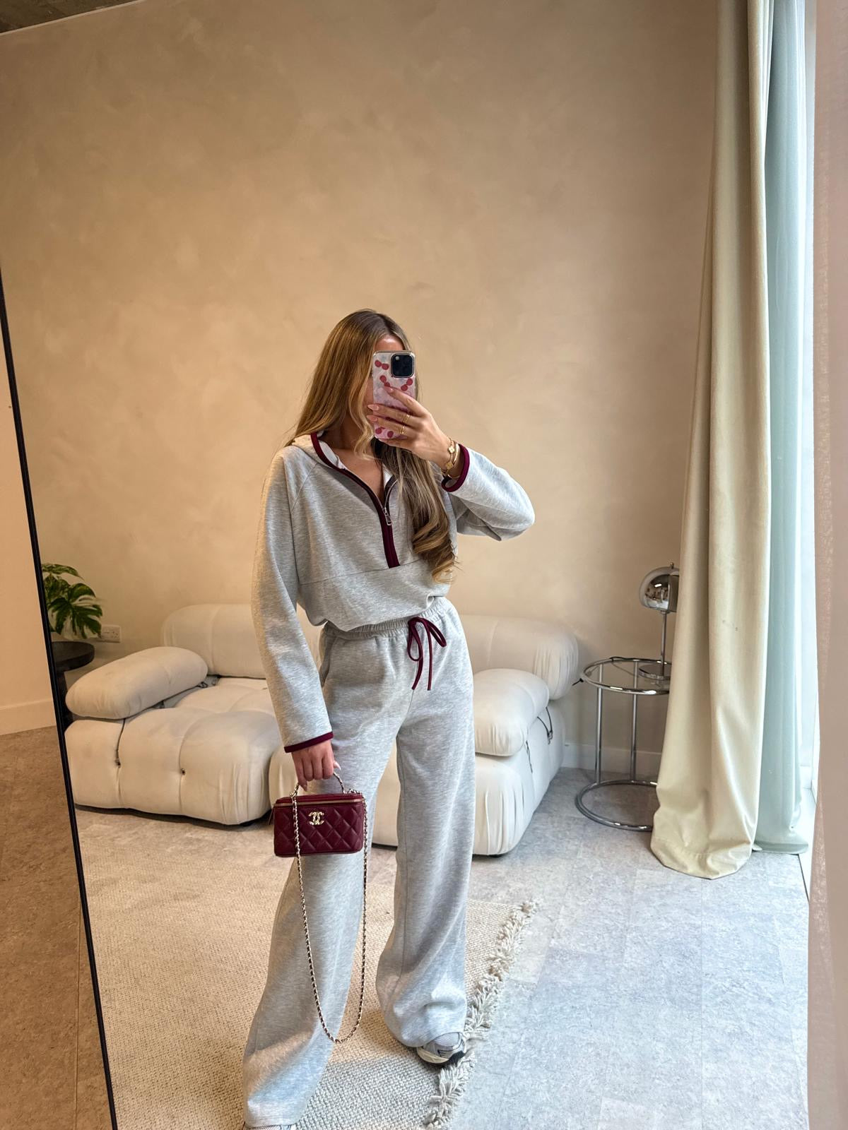 Half zip contrast tracksuit - grey & Burgundy