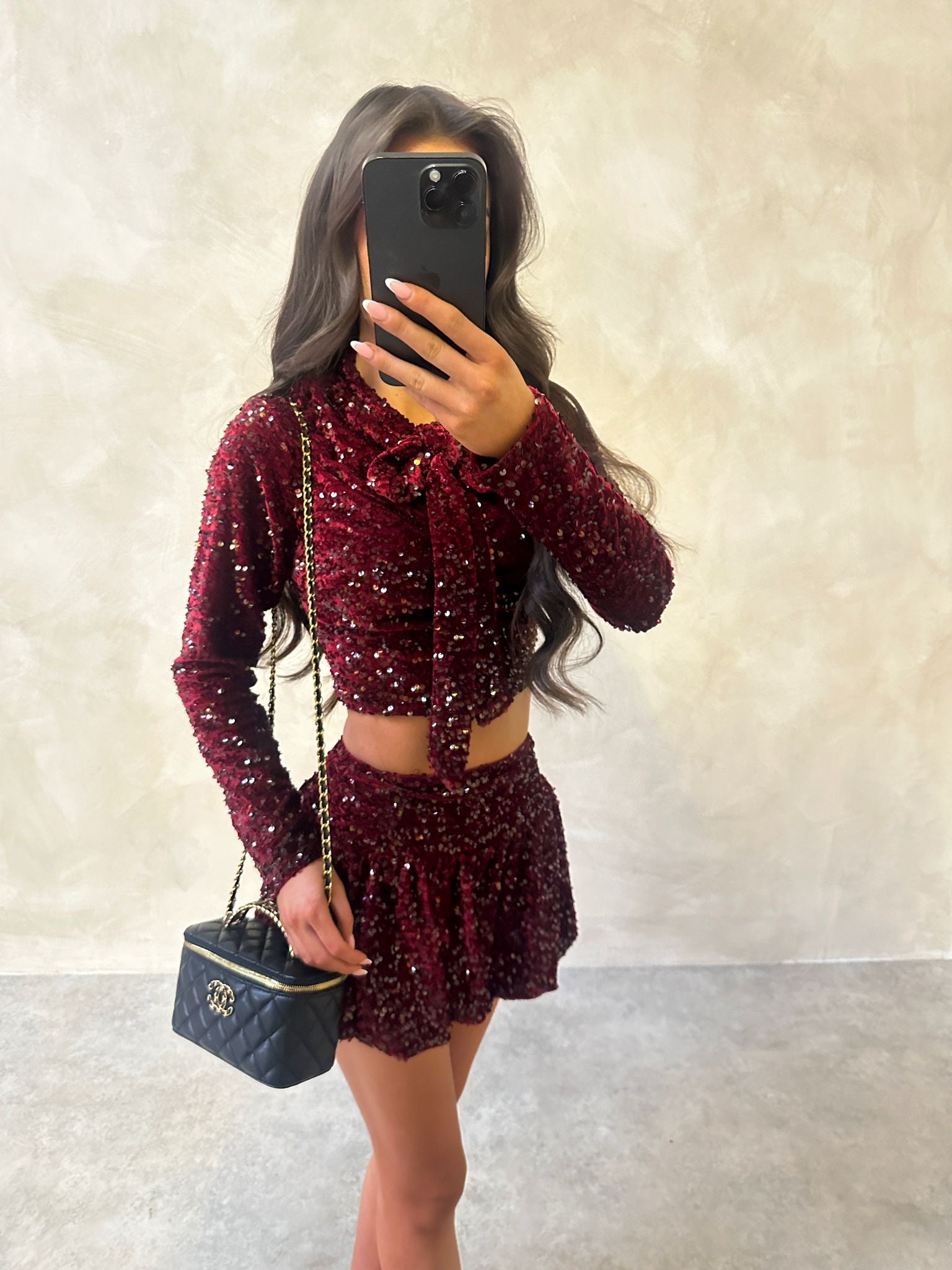 Sequin Bow Short Co-Ord - wine