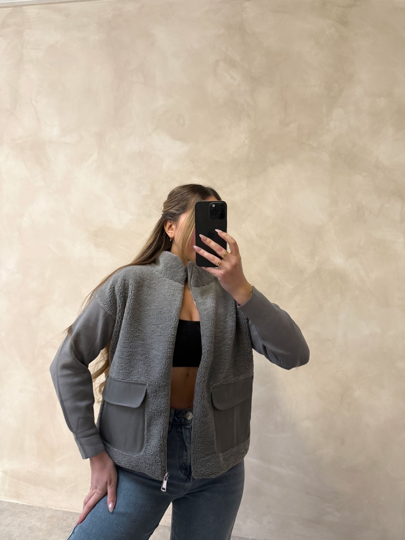 Knitted arm faux fur cardigan - grey