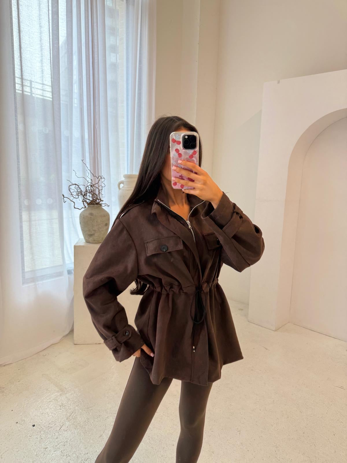 Suede pull in jacket - brown