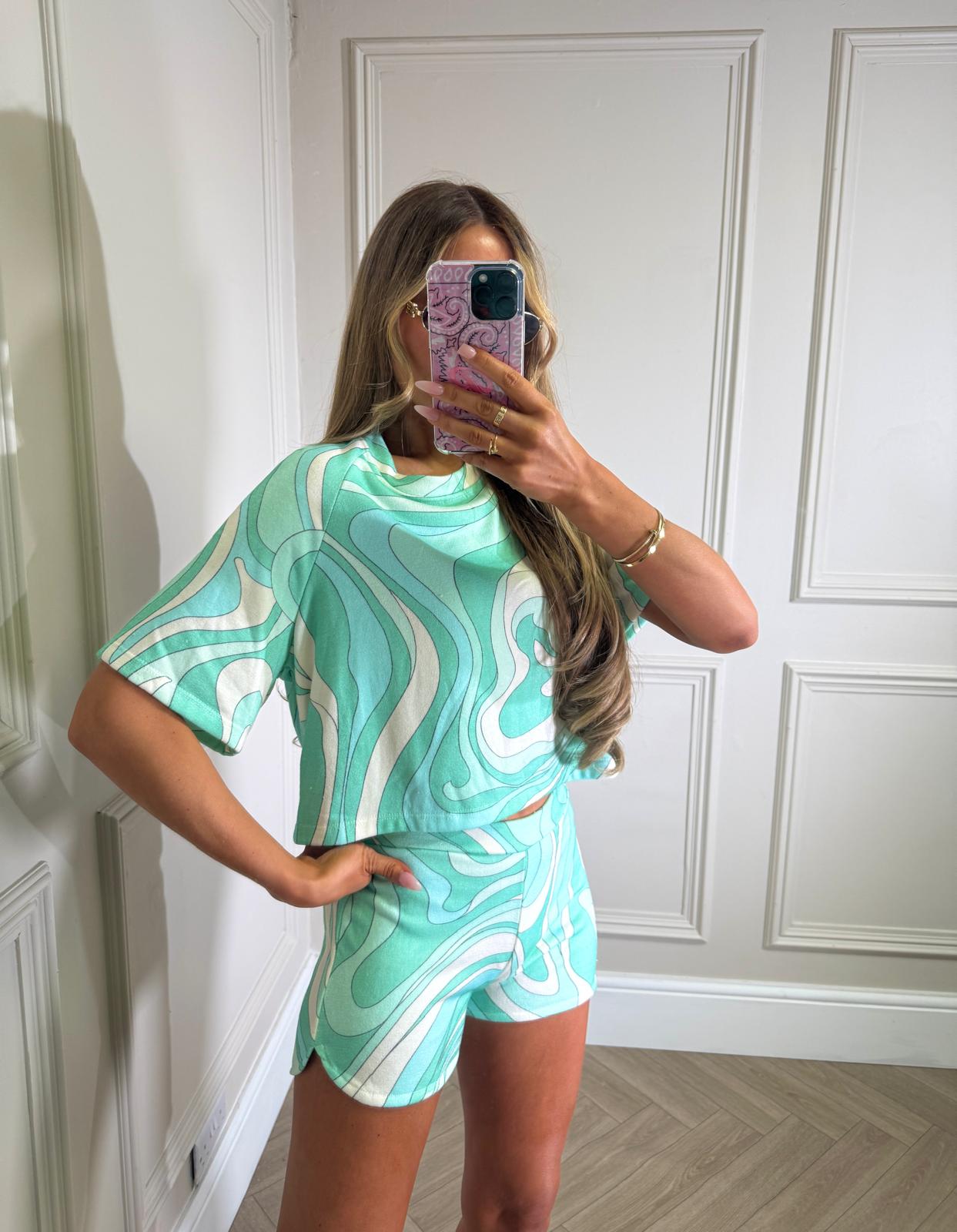 Towelling pattern short set - Green