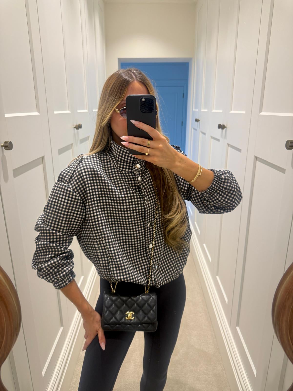 Silver button gingham jacket - black