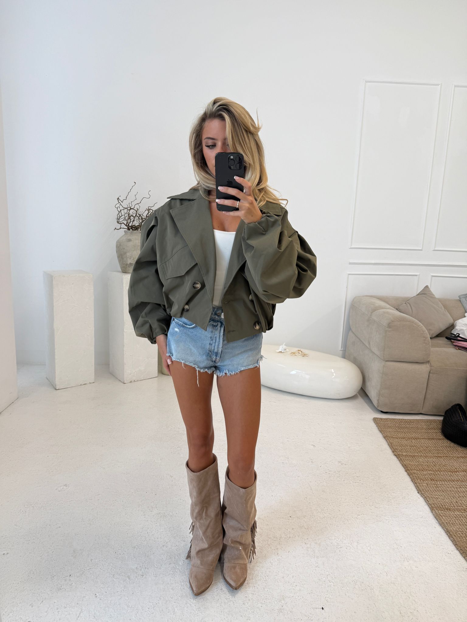 Balloon arm crop jacket - Khaki