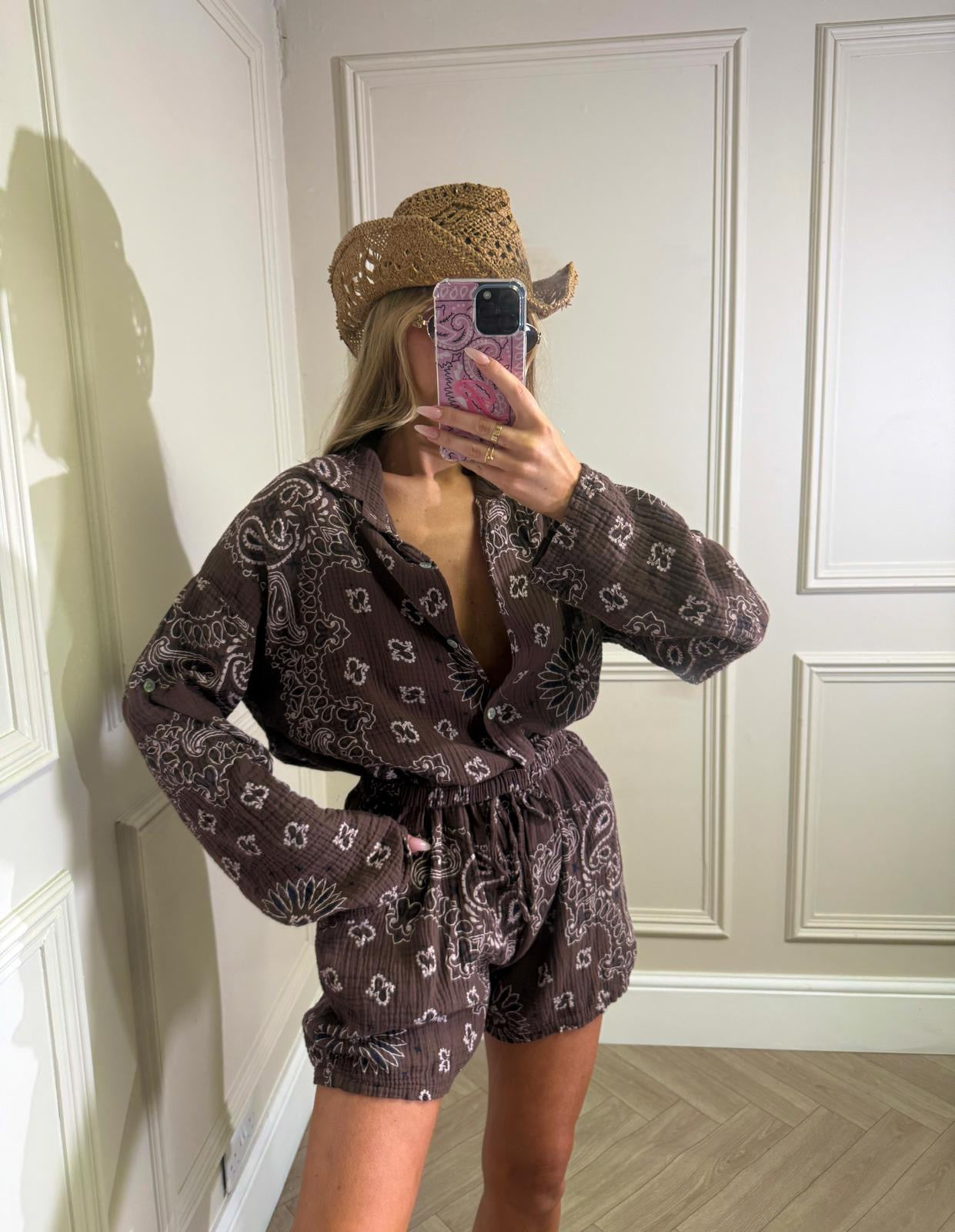 Bandana cheesecloth short co-ord - brown
