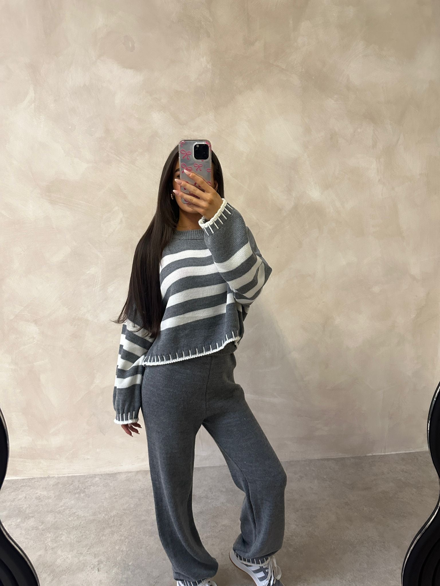 Knit stripe crop lounge set - grey