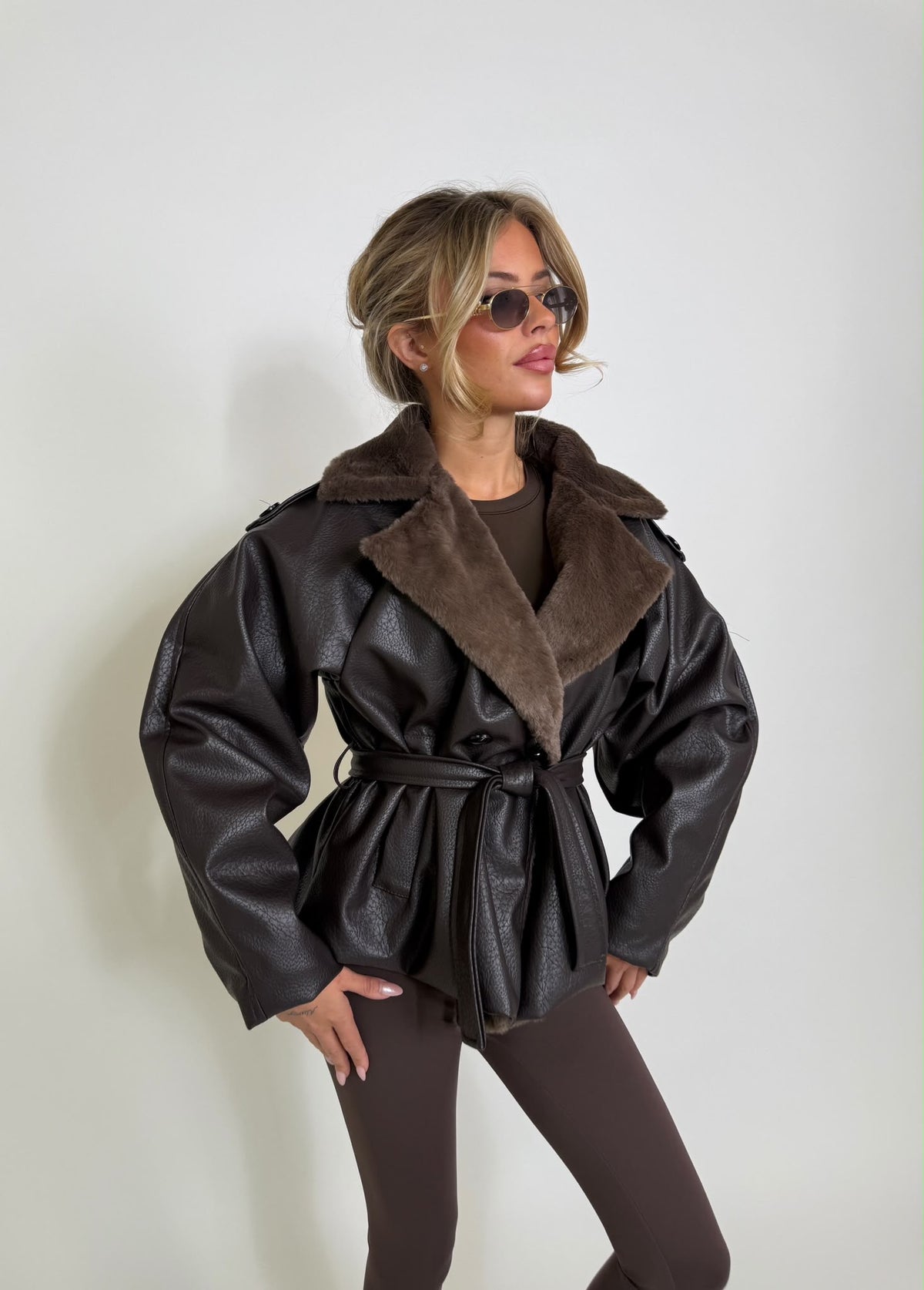 Faux leather with fur jacket - chocolate