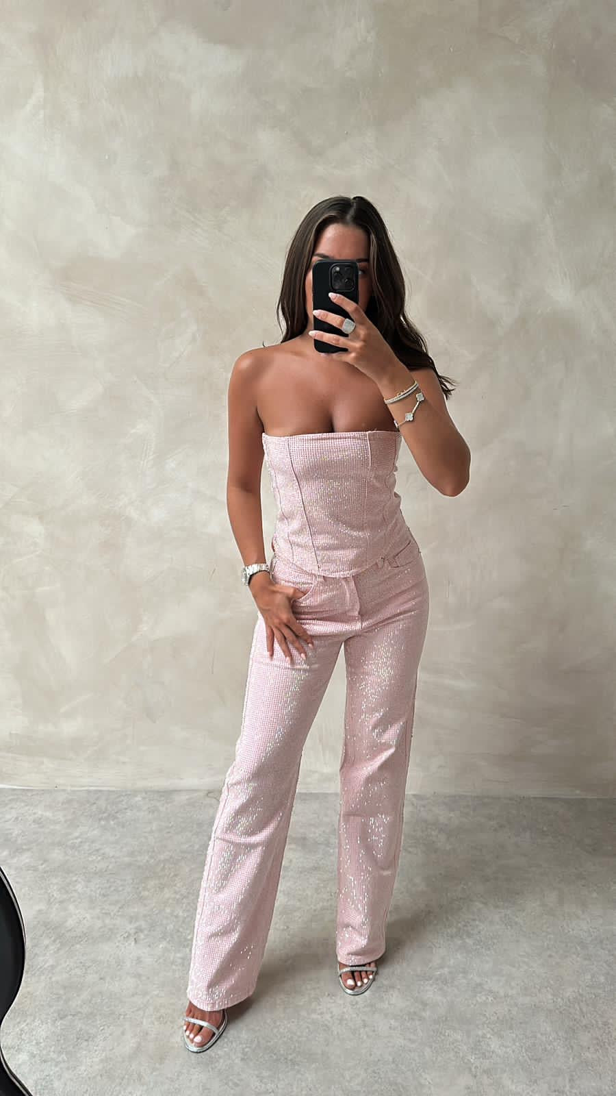 Luxury diamond denim corset top - pink