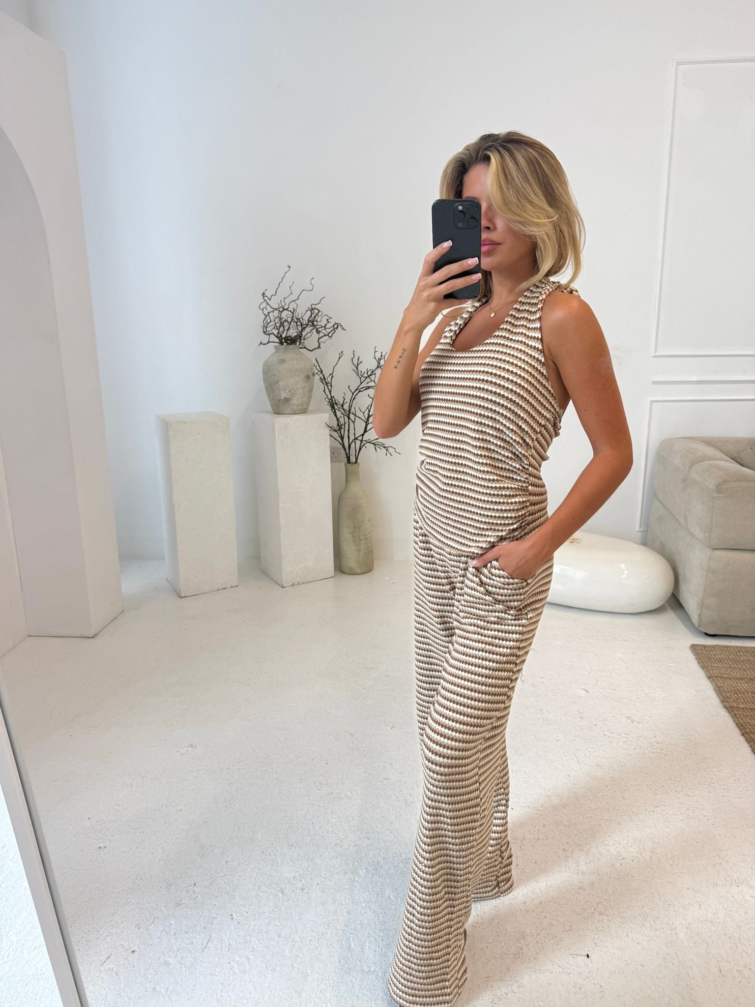 Halterneck stripe lounge set - beige