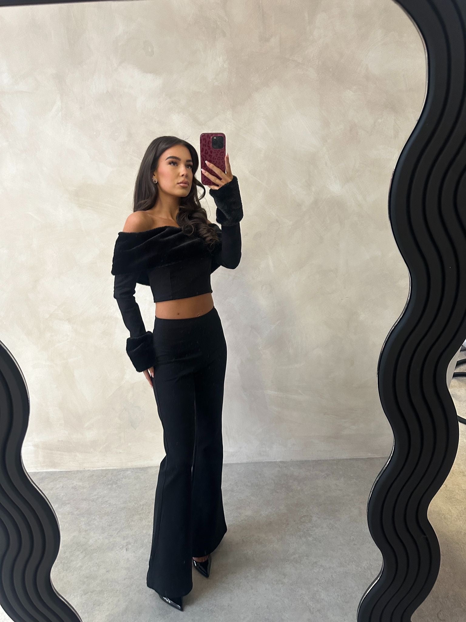 Fur off shoulder co-ord - black