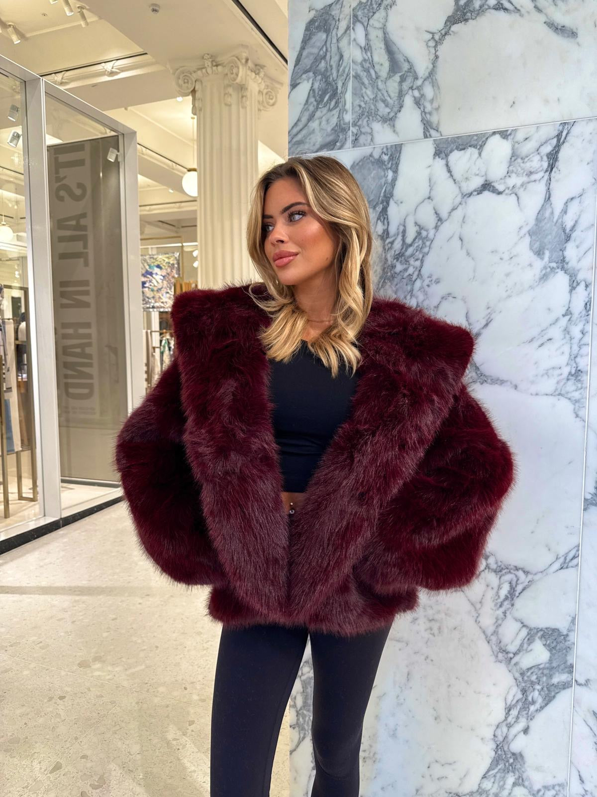 Hood Faux Fur Coat - Burgundy