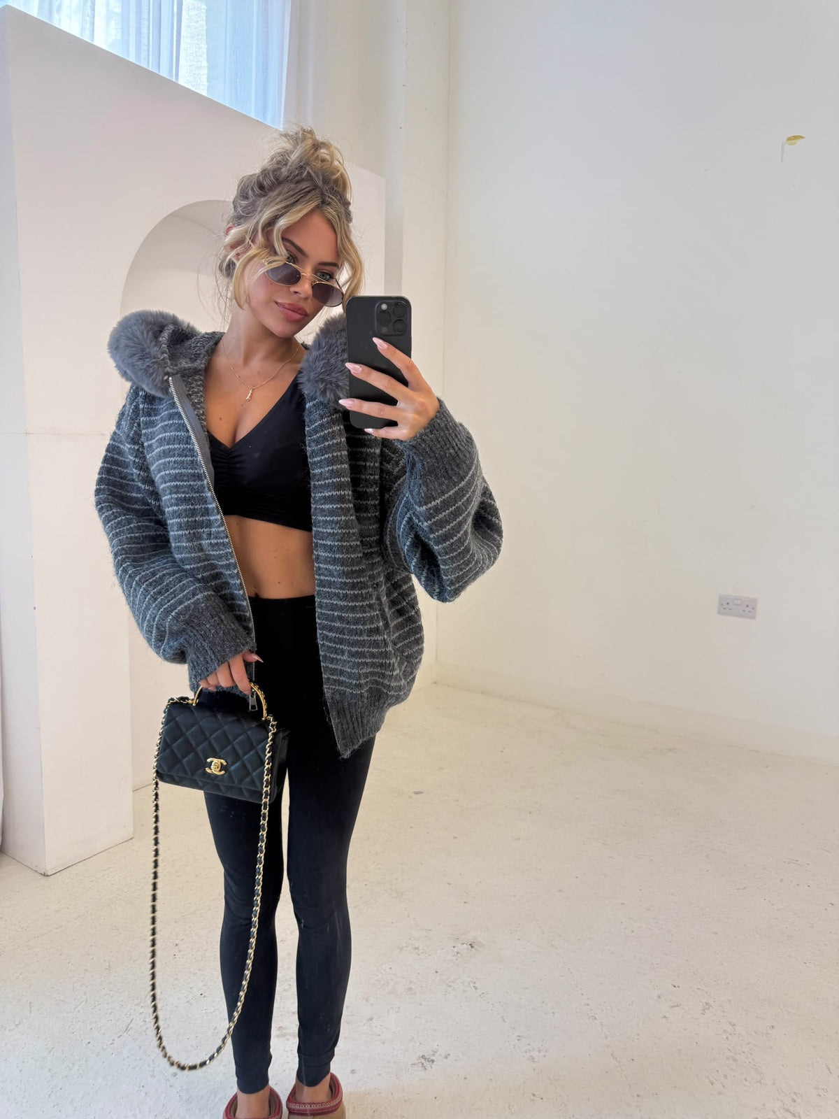 Stripe faux fur cardigan - grey