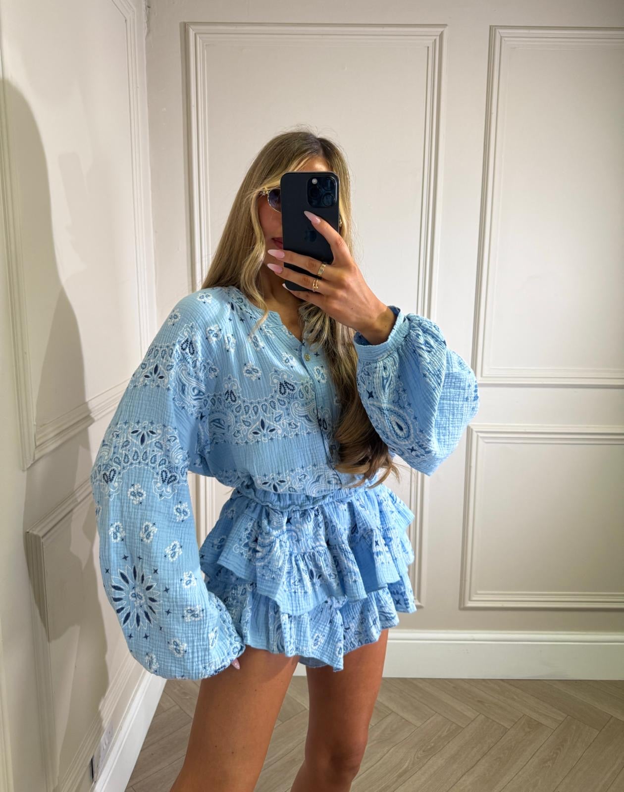 Grandad collar cheesecloth co-ord - Bandana blue
