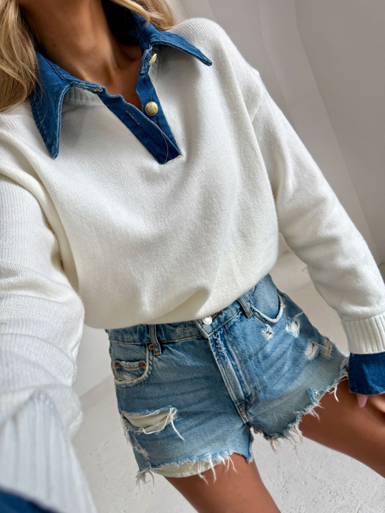 Denim Collar Knit Top - Cream