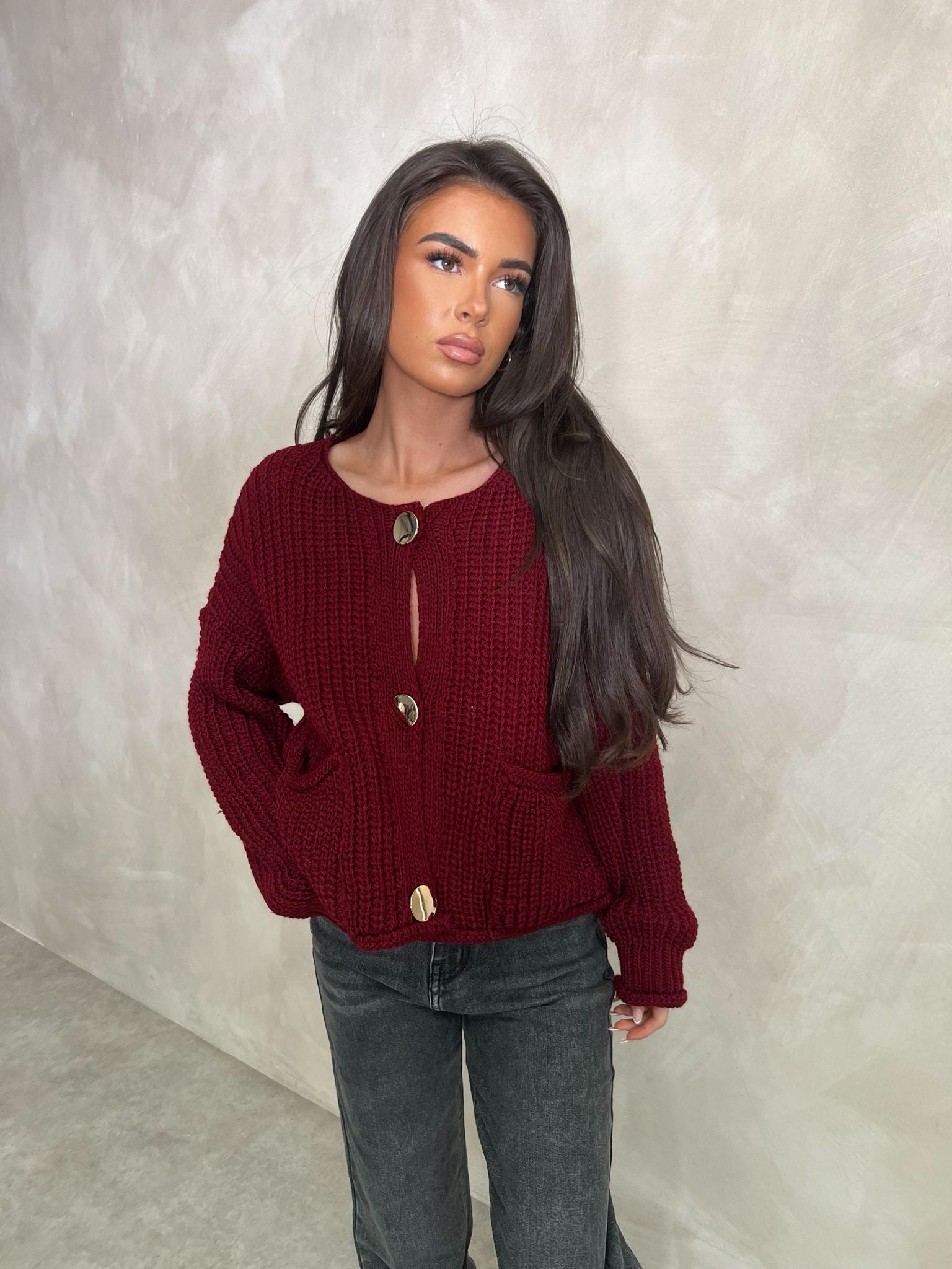 Chunky knit long sleeve top - berry