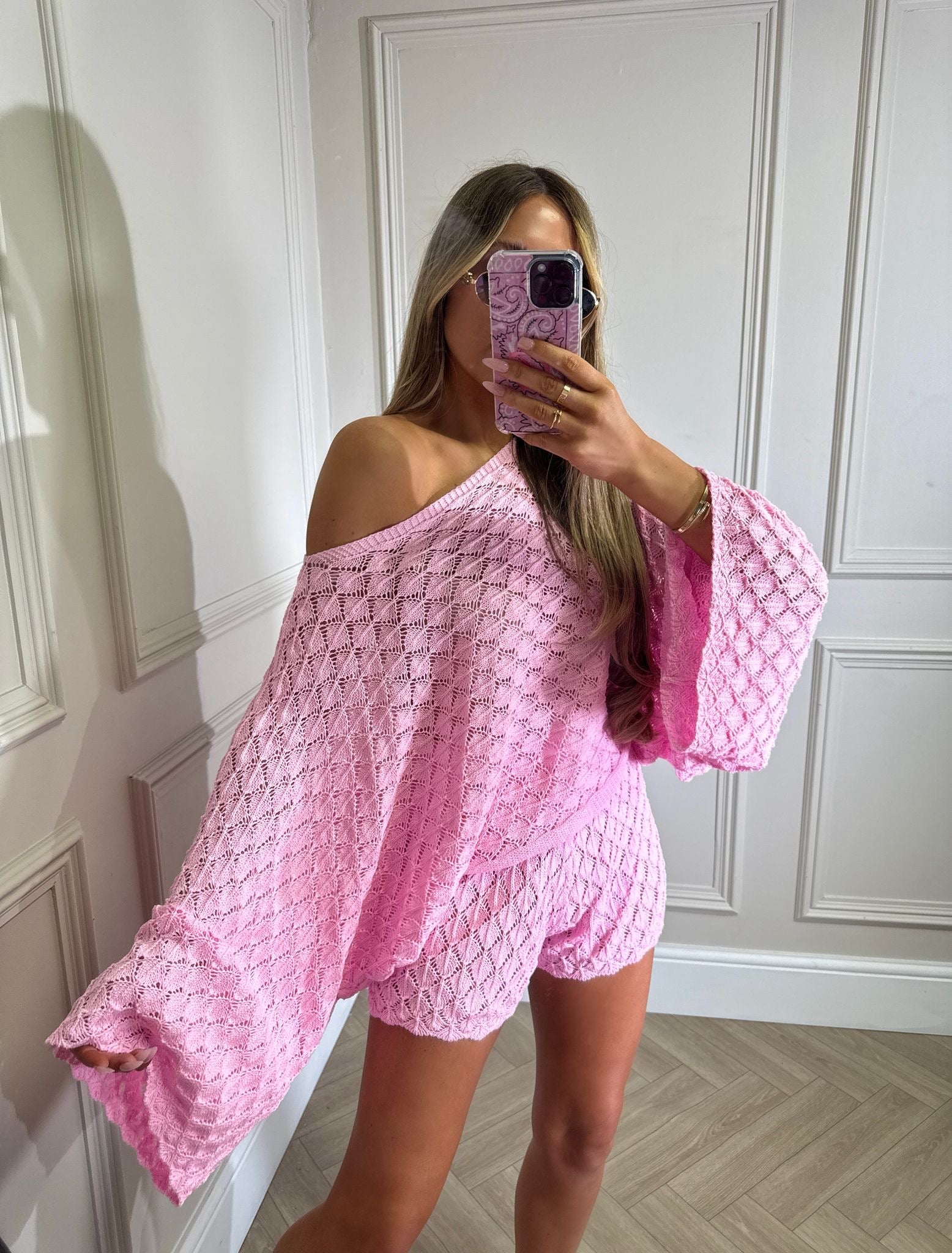 Off shoulder crochet co-ord - pink