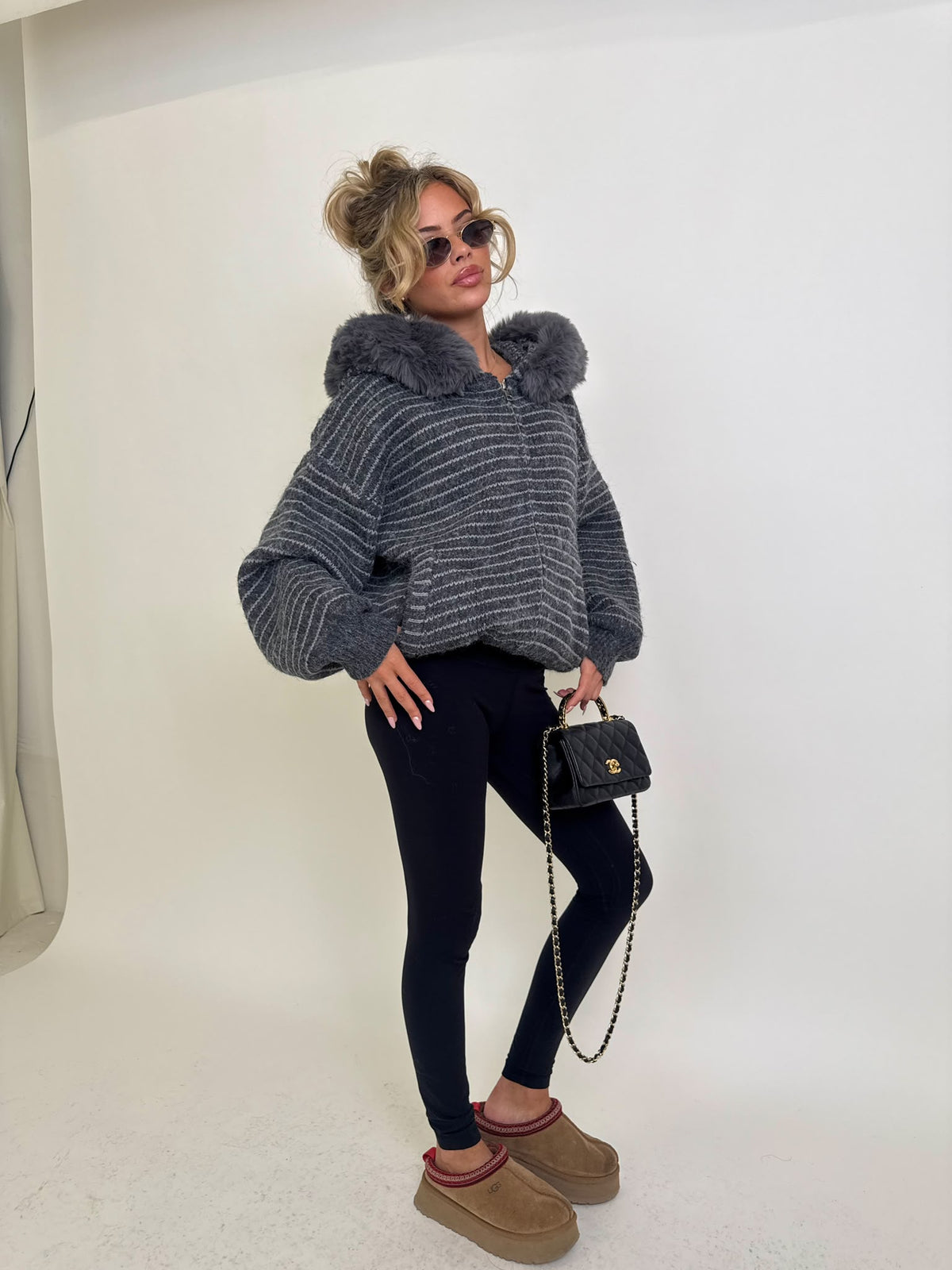Stripe faux fur cardigan - grey