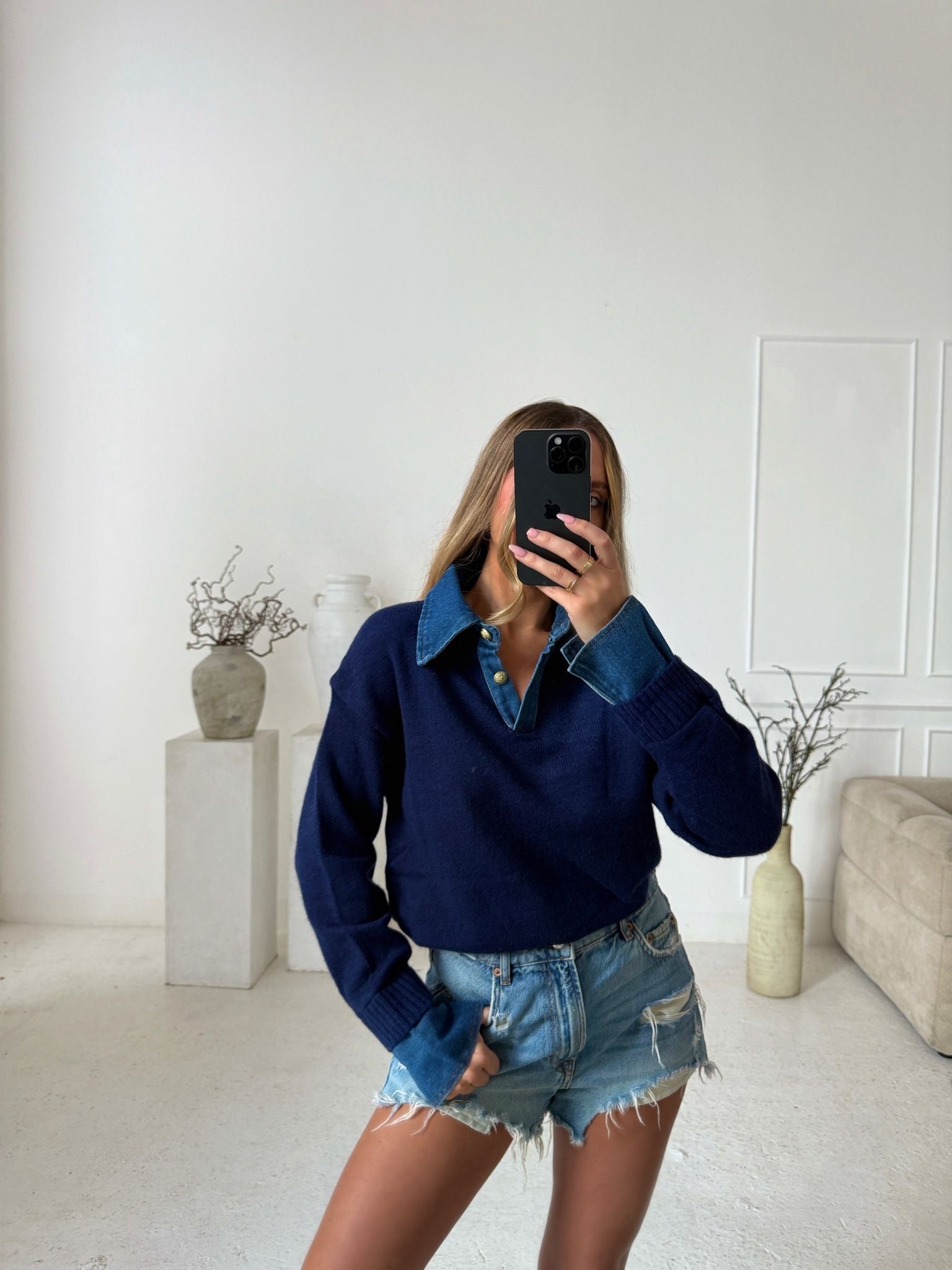 Denim Collar Knit Top - Navy