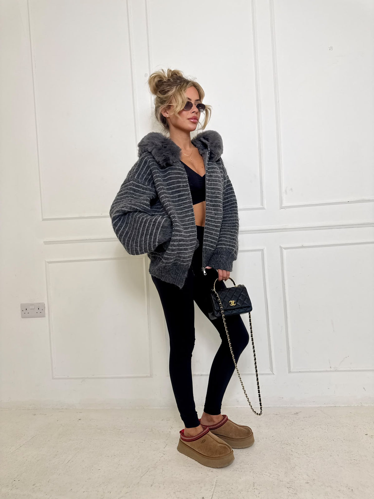 Stripe faux fur cardigan - grey