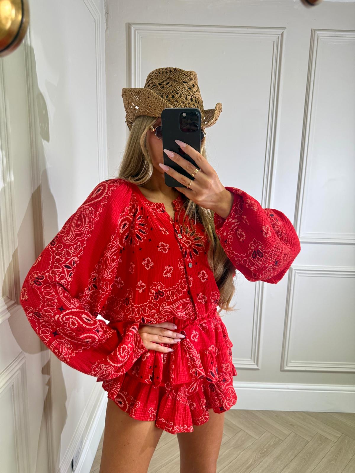 Grandad collar cheesecloth co-ord - Bandana red