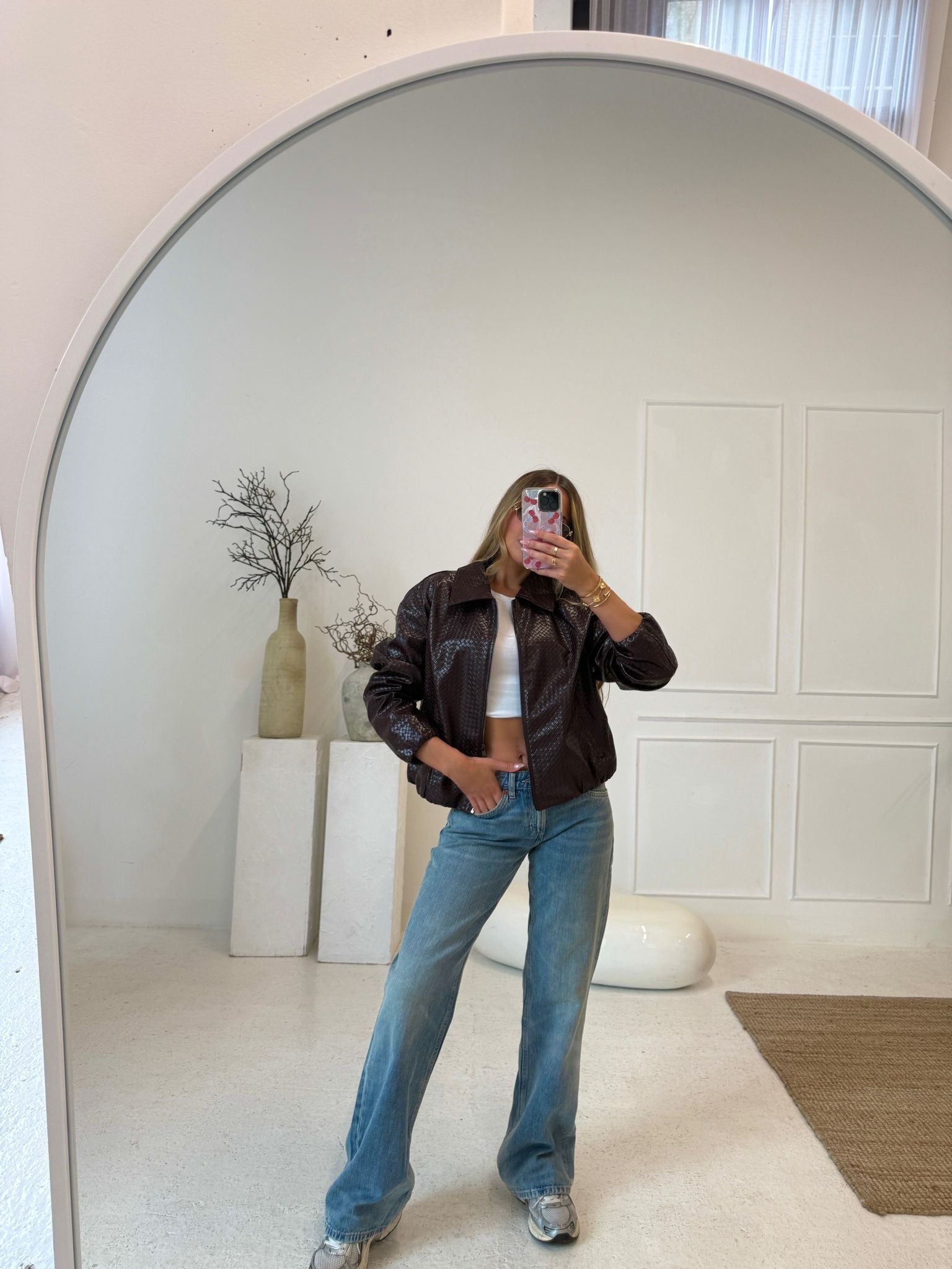 Faux leather texture collar jacket