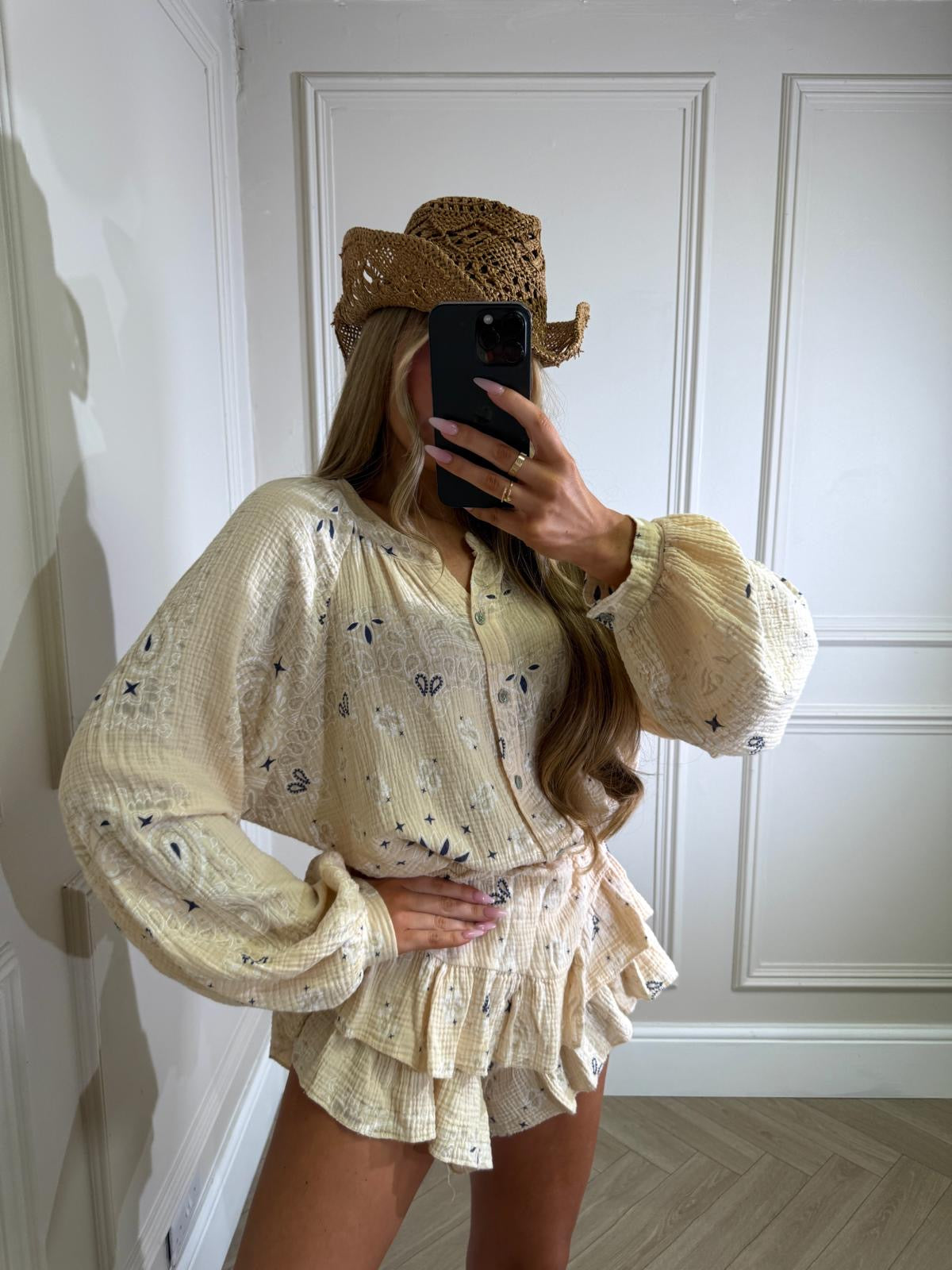 Grandad collar cheesecloth co-ord - Bandana beige