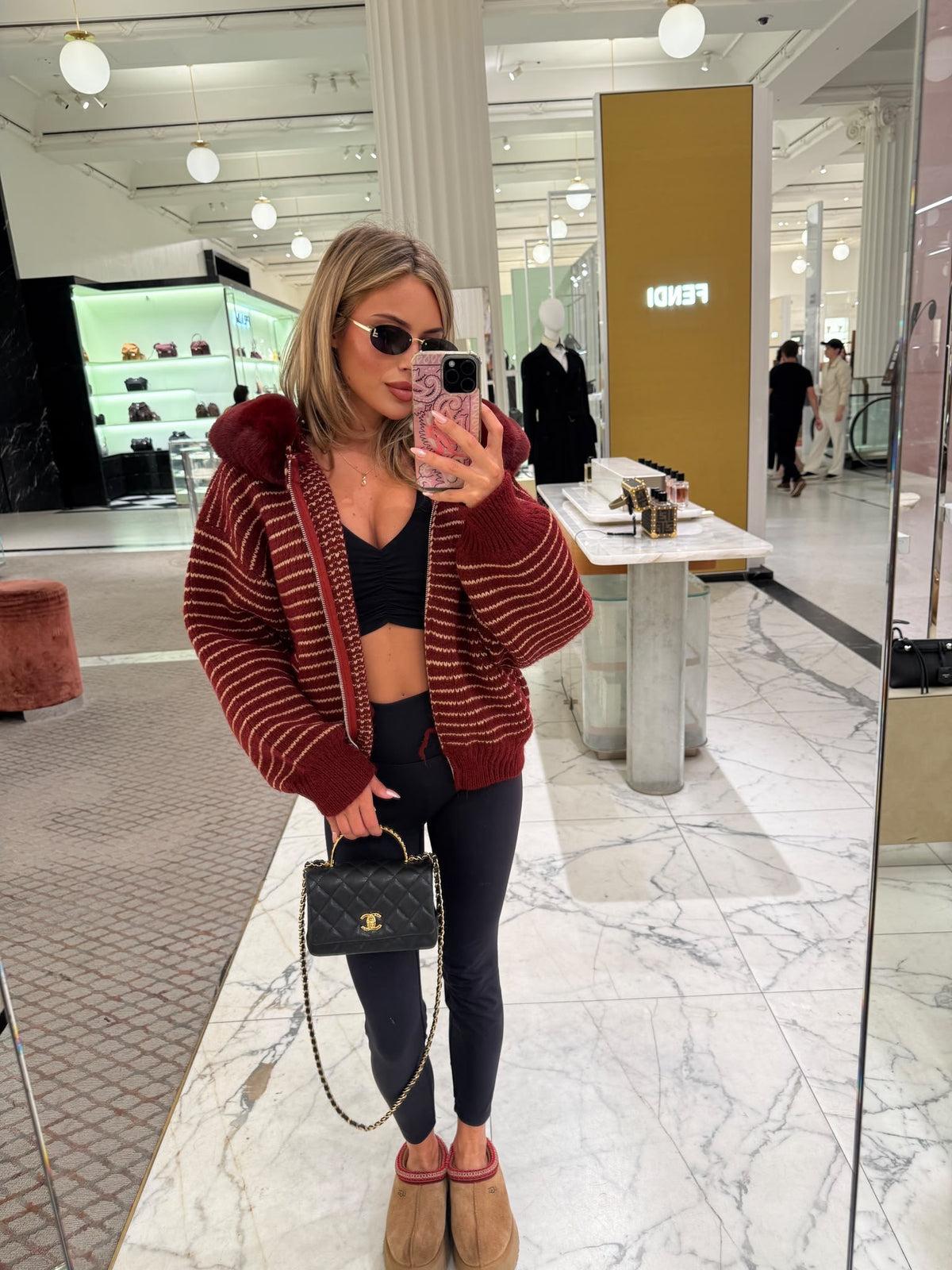 Stripe faux fur cardigan - red