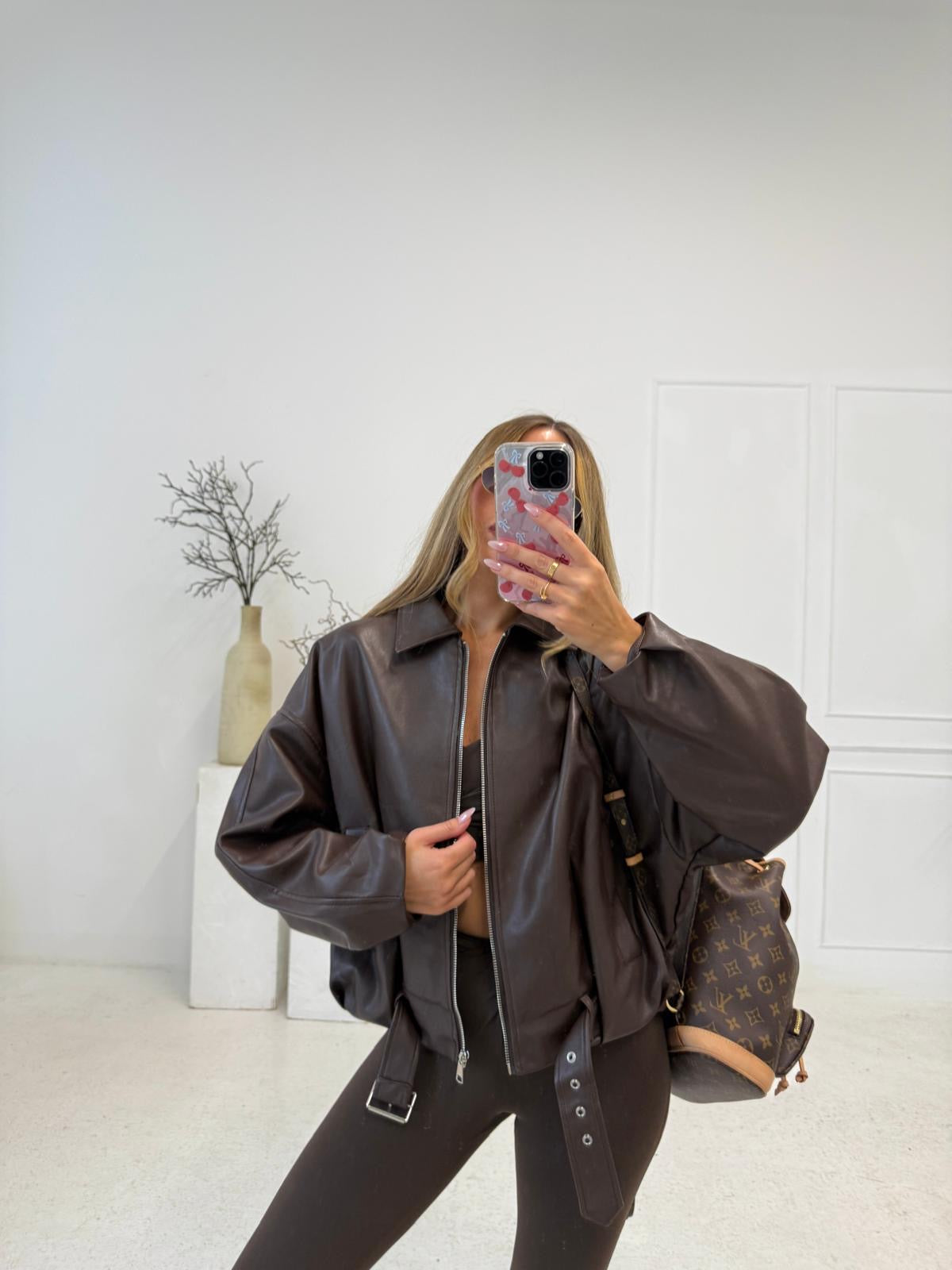 Faux leather belt jacket - chocolate