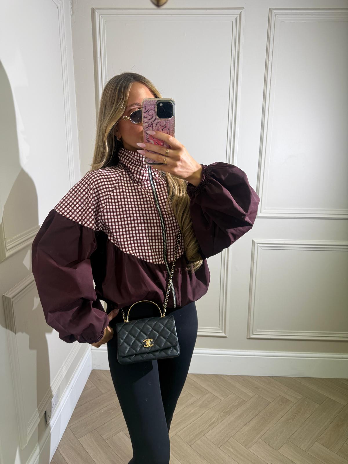 Puff arm gingham jacket - burgundy