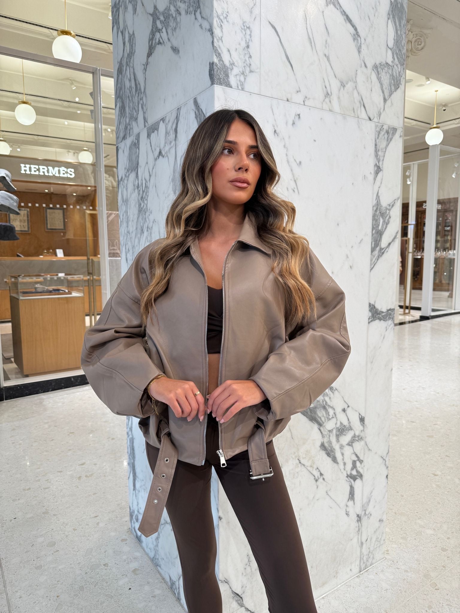 Faux leather belt jacket - mocha