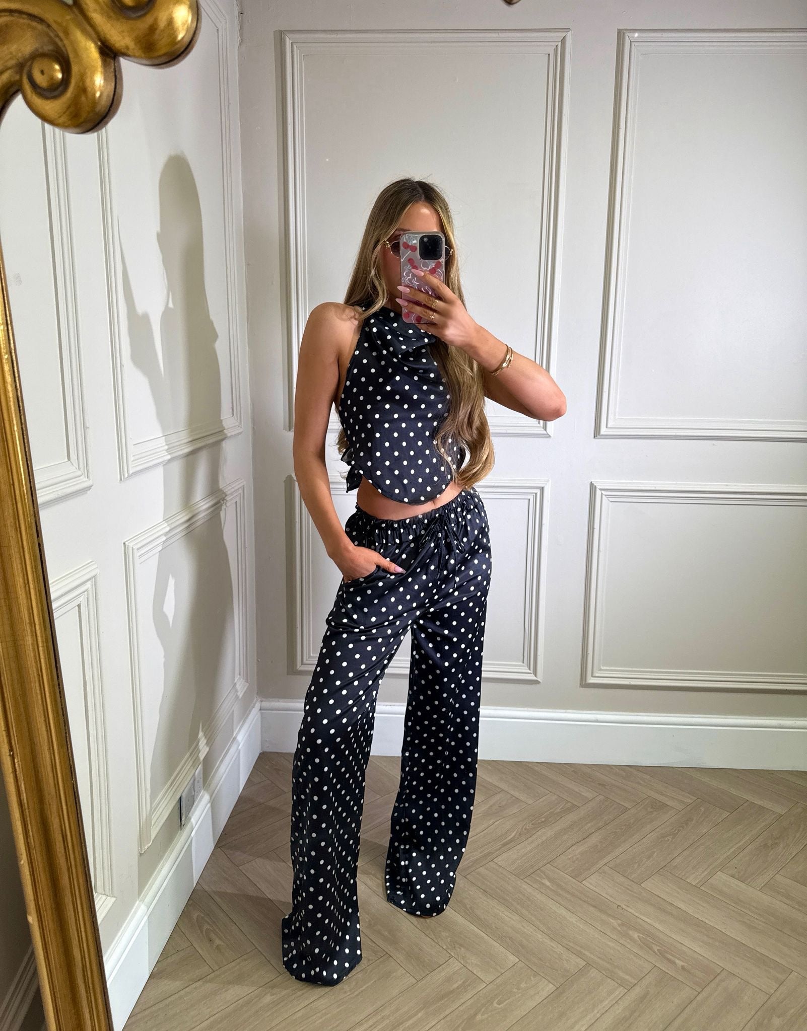 Halterneck dot trouser set - black