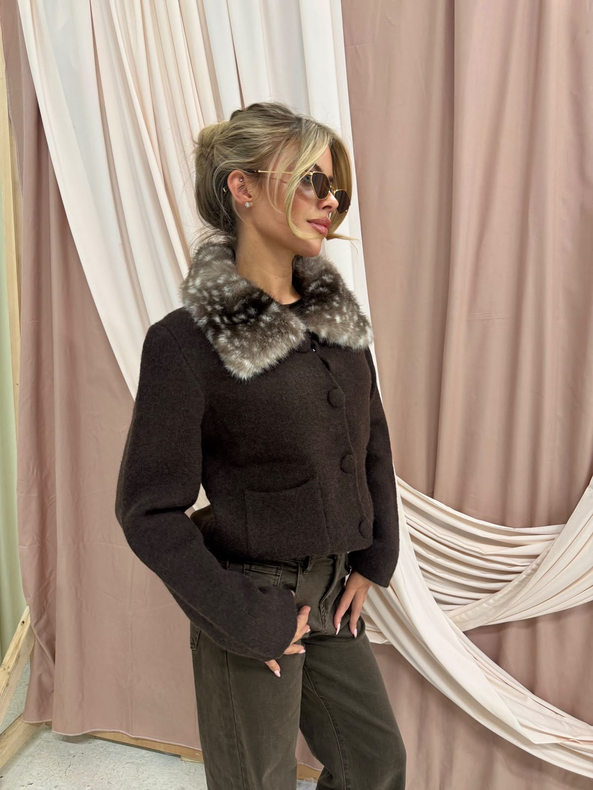 Knitted jacket with Bambi collar - chocolate
