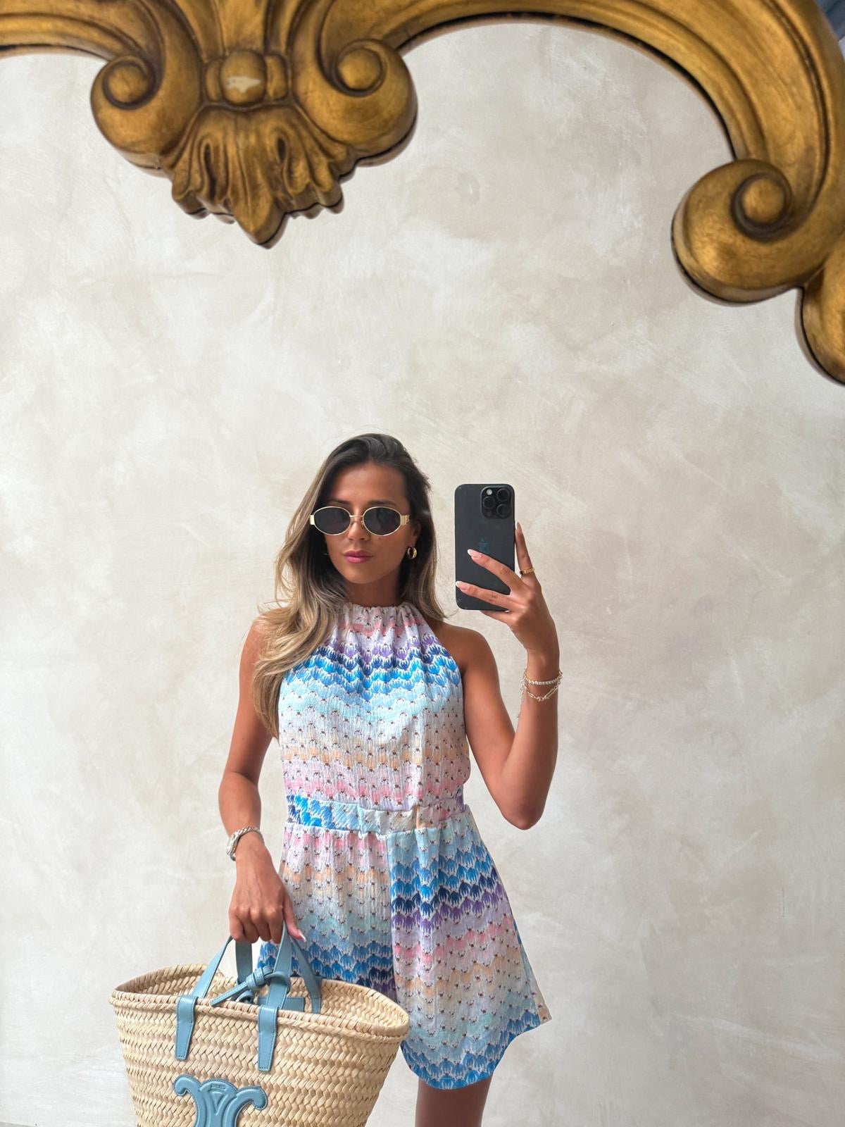 Pattern halterneck playsuit - blue priny