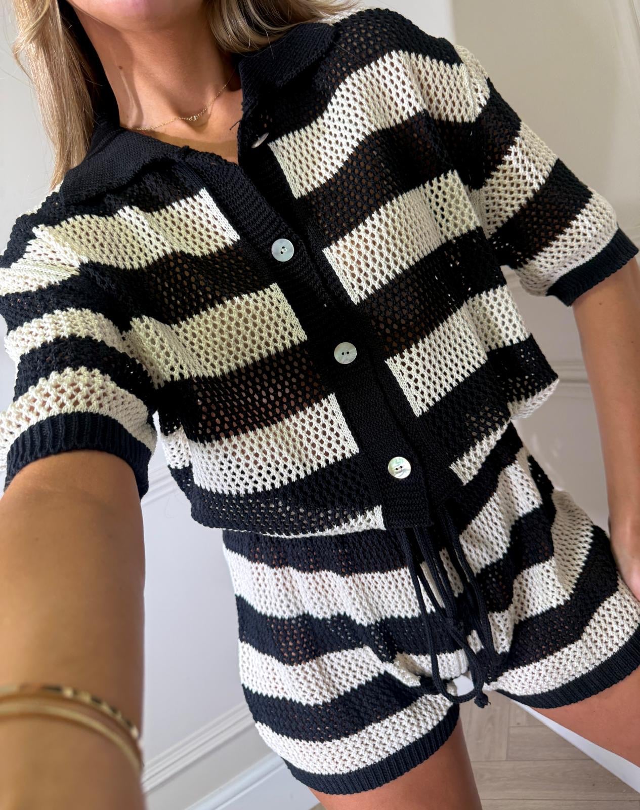 Stripe crochet short set - black