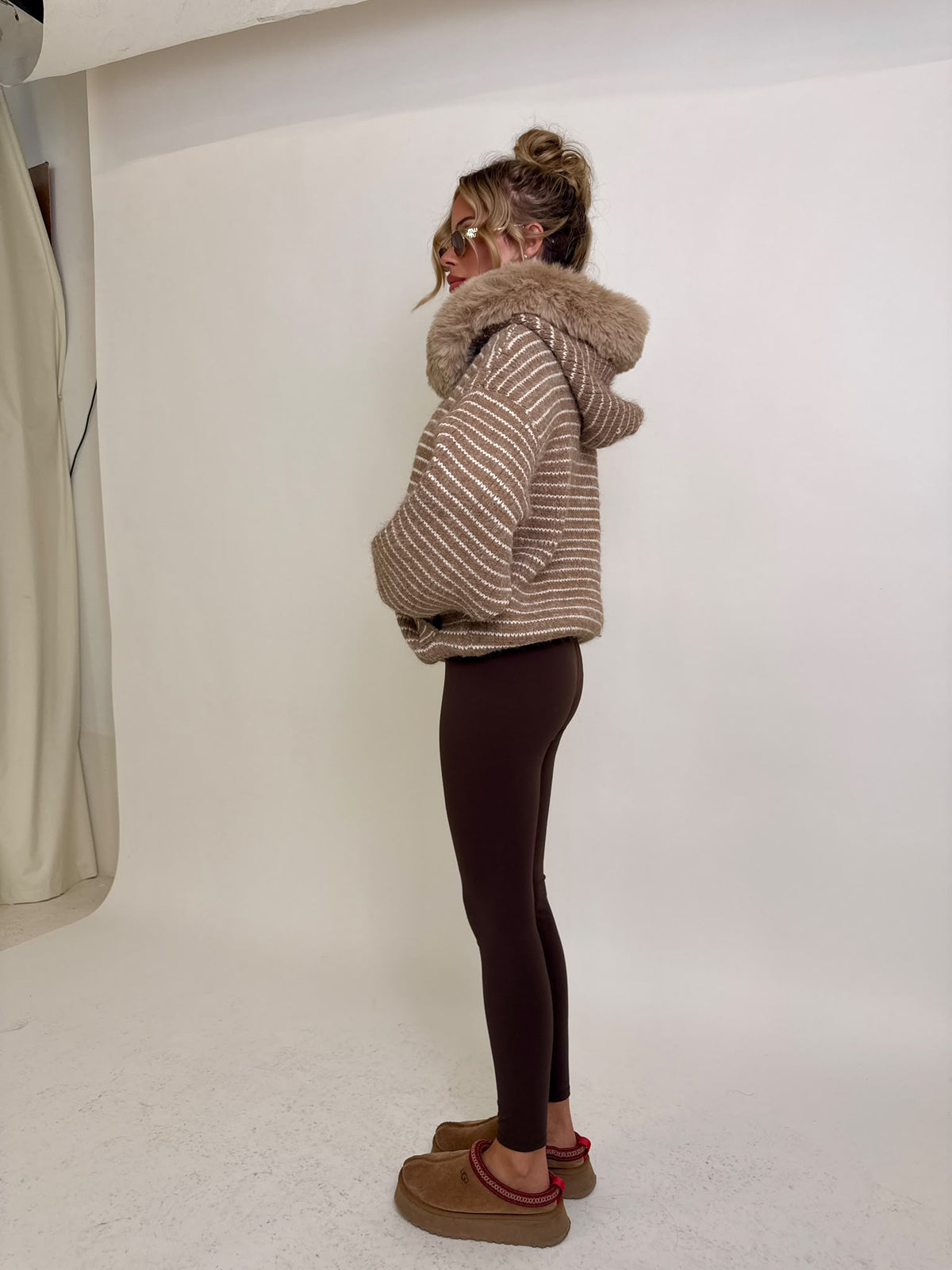 Stripe faux fur cardigan - beige