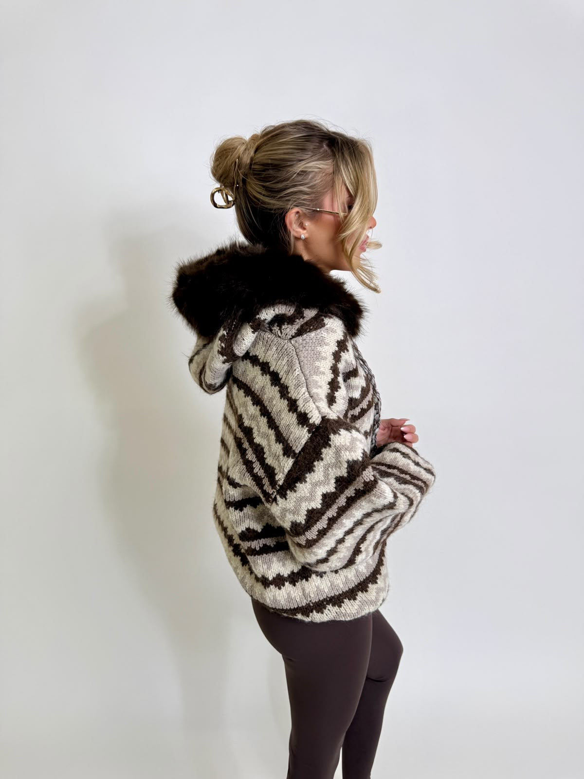 Aztec faux fur cardigan - brown