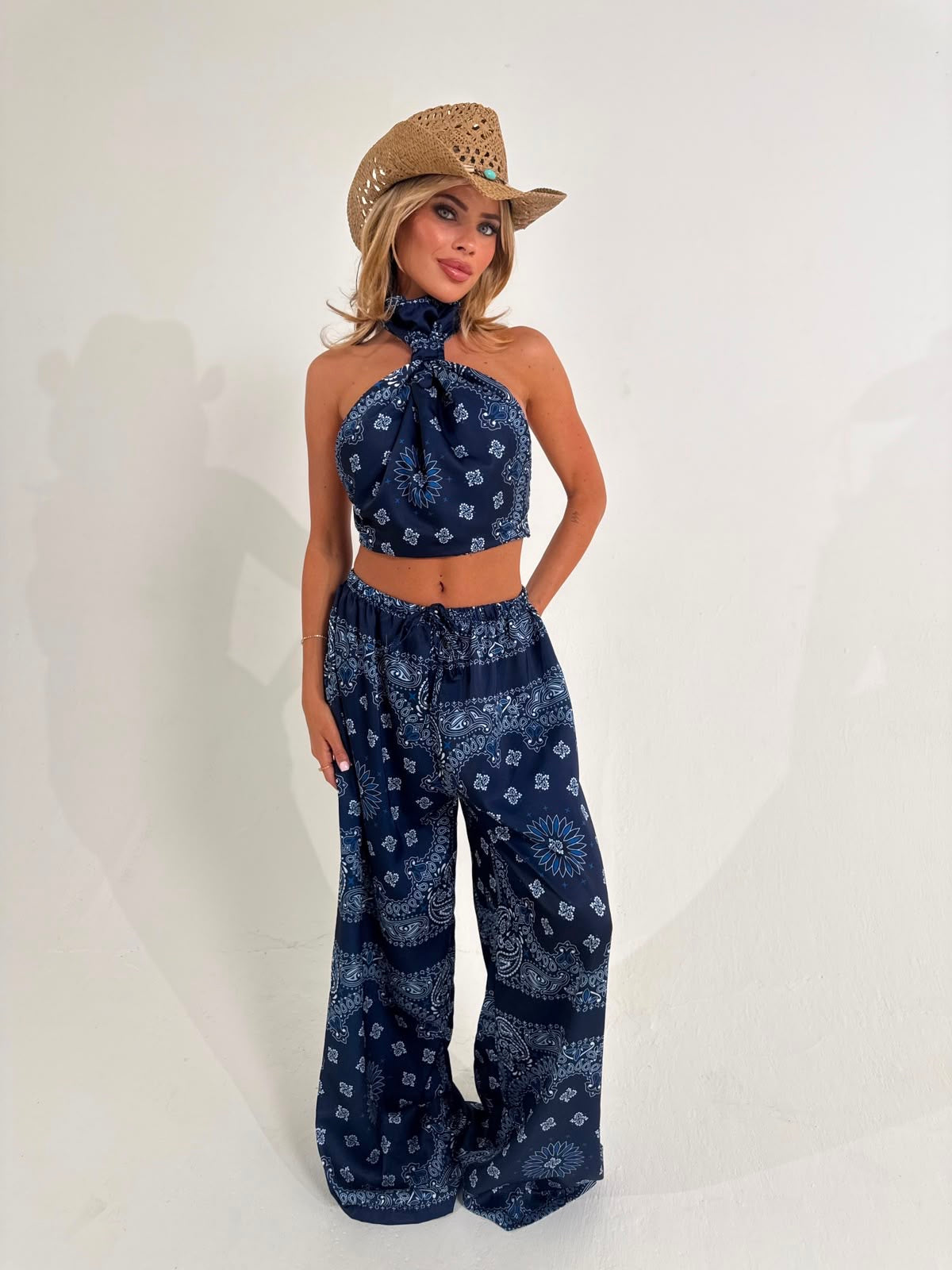 Bandana halter neck trouser set - navy