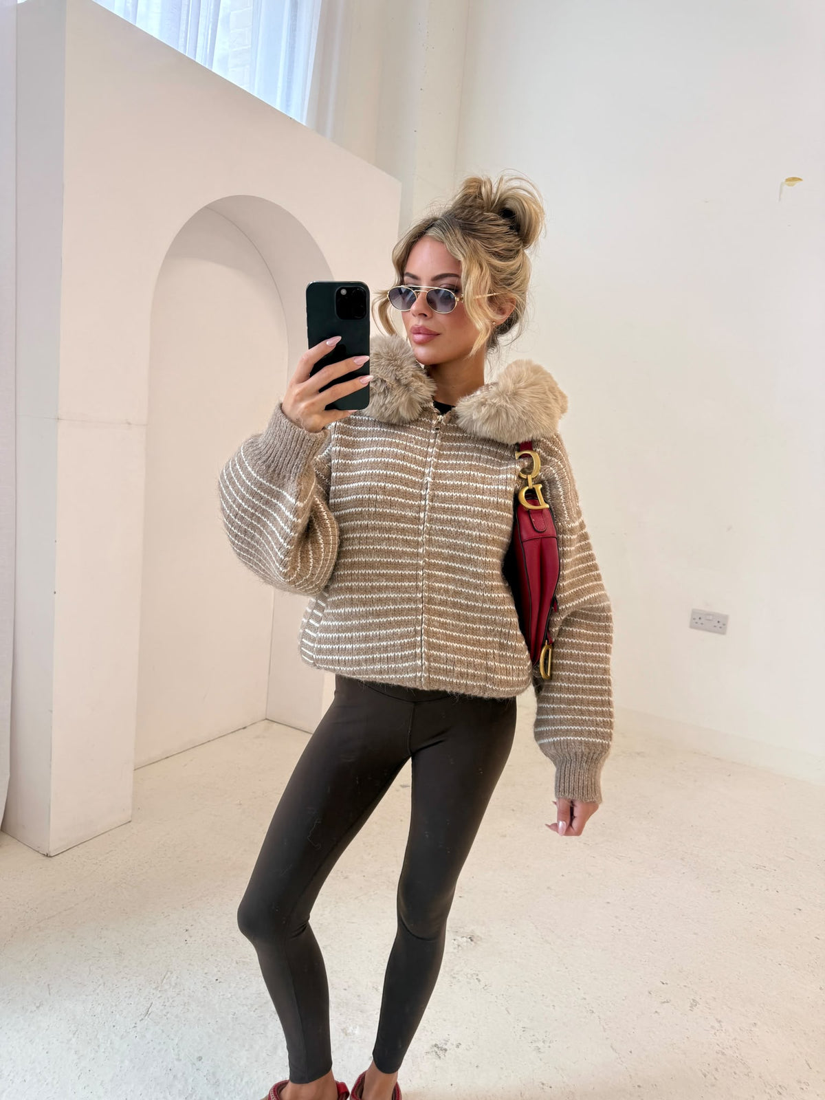 Stripe faux fur cardigan - beige