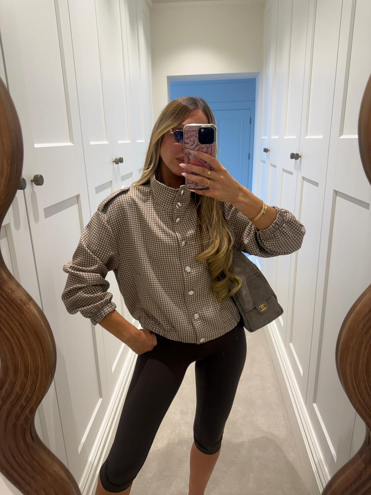 Silver button gingham jacket - beige